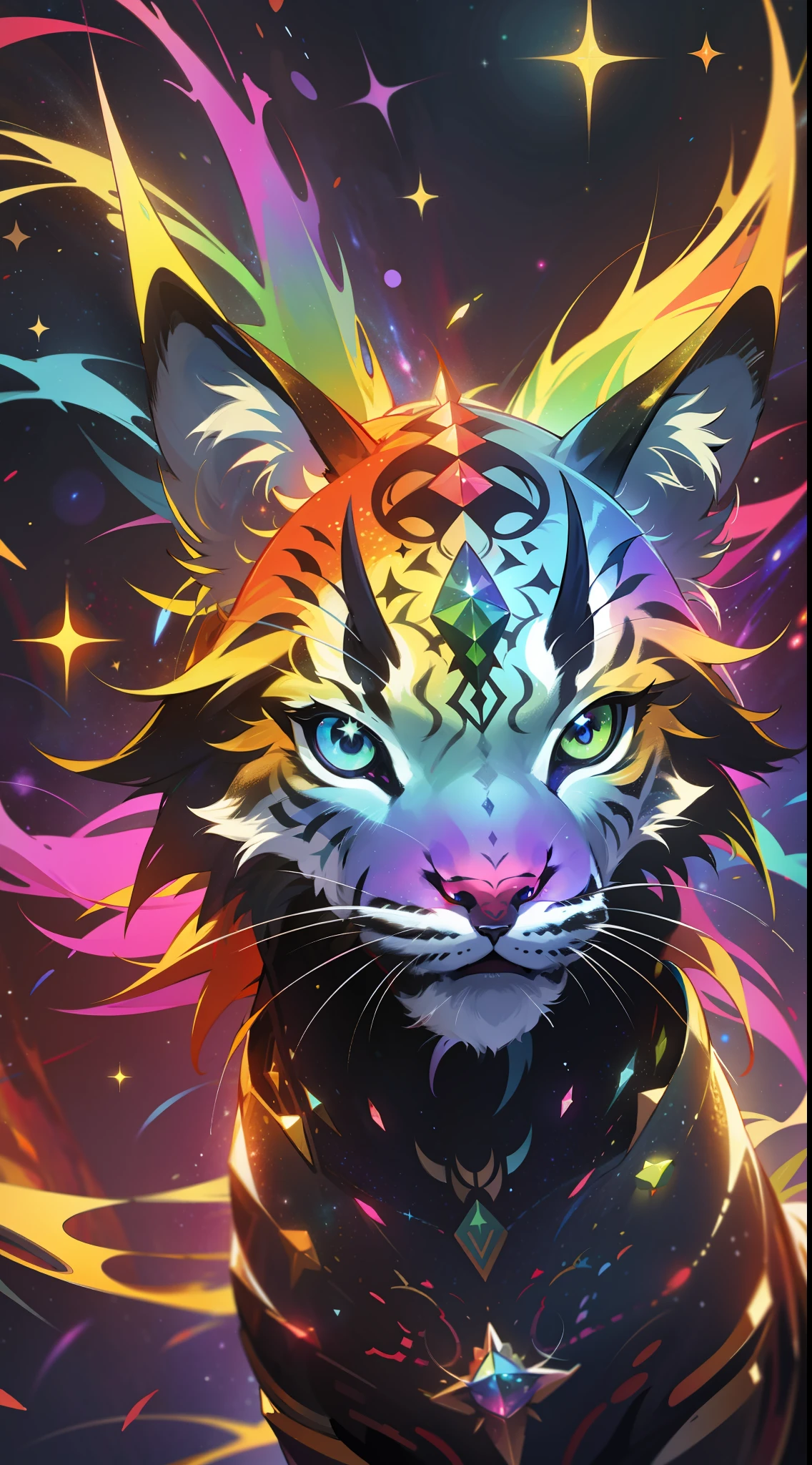 a rainbow colored lynx, rainbow colored cosmic nebula background, stars, galaxies