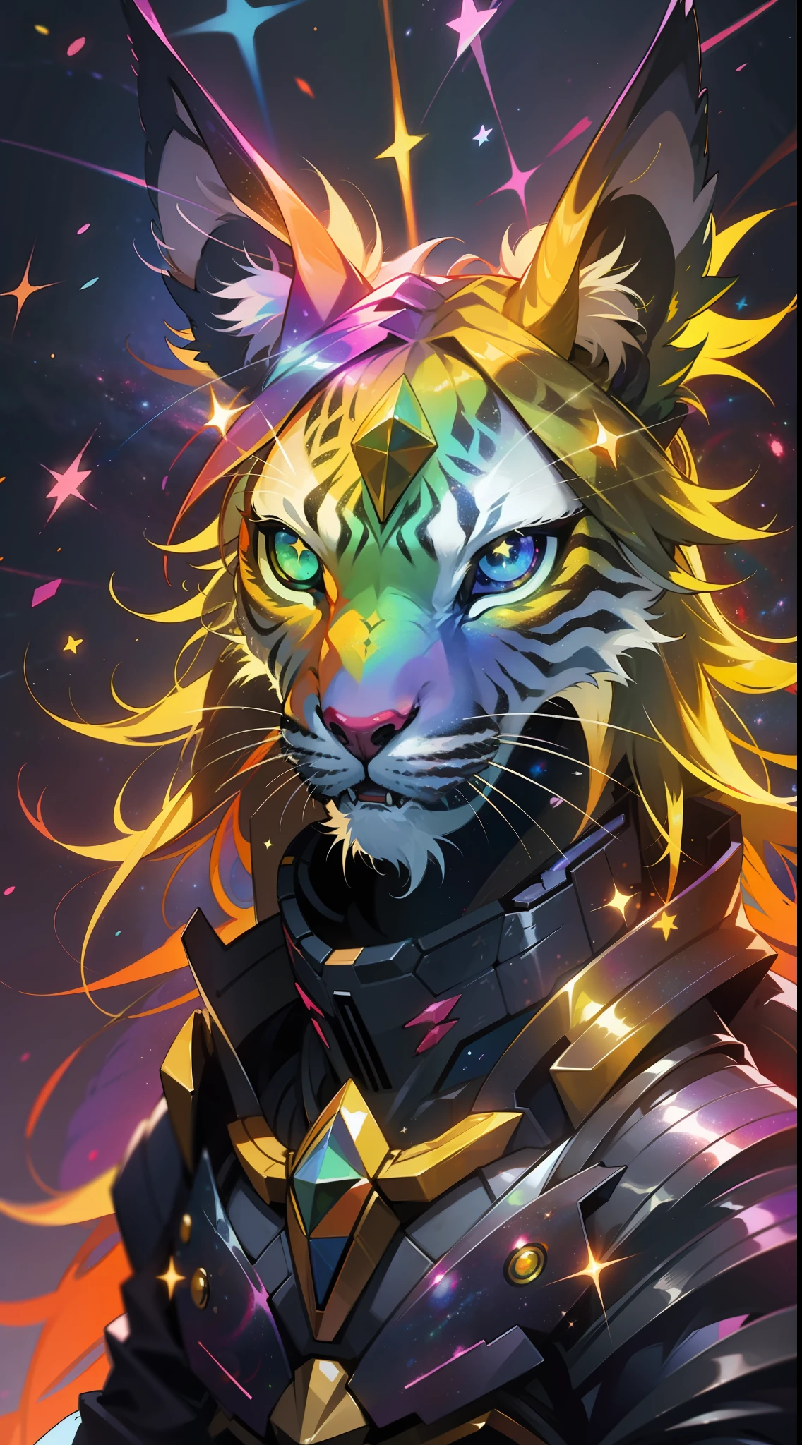 a rainbow colored lynx, rainbow colored cosmic nebula background, stars, galaxies
