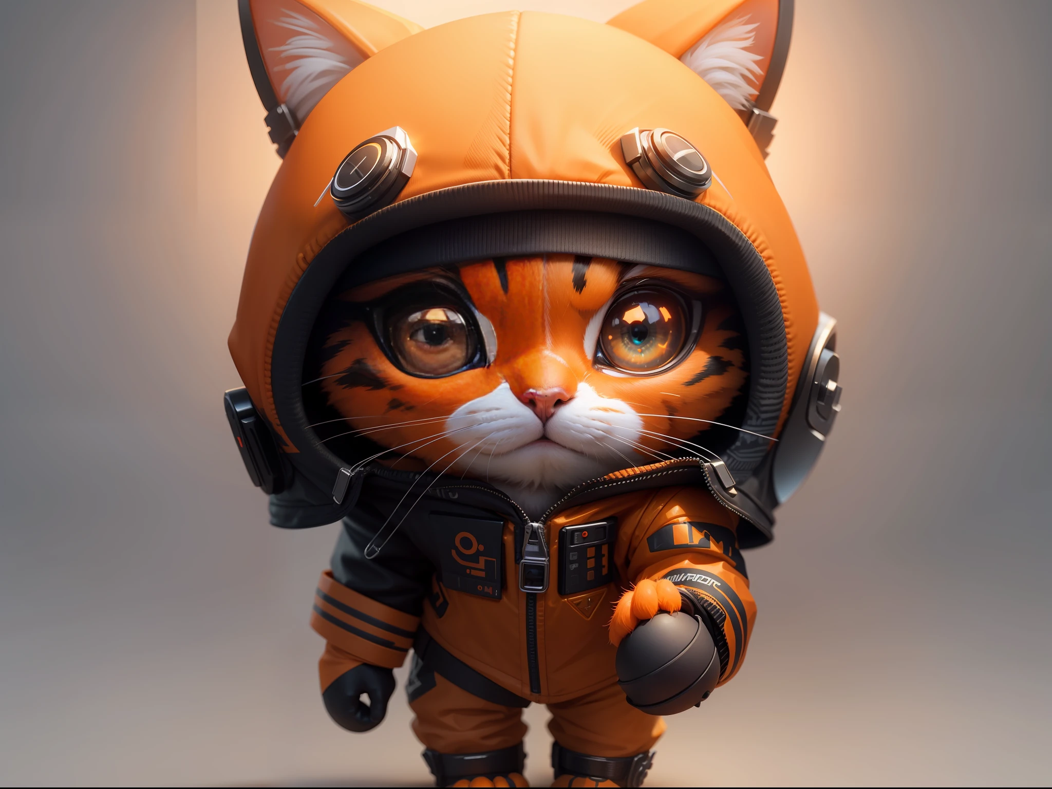 isometric view of a MINI cute hyperrealistic futuristic soldier cat wearing cyberpunk jacket. orange skin. Cinematic, hyper detailed, white GRADIENT background , highly detailed, zoomed out --auto --s2