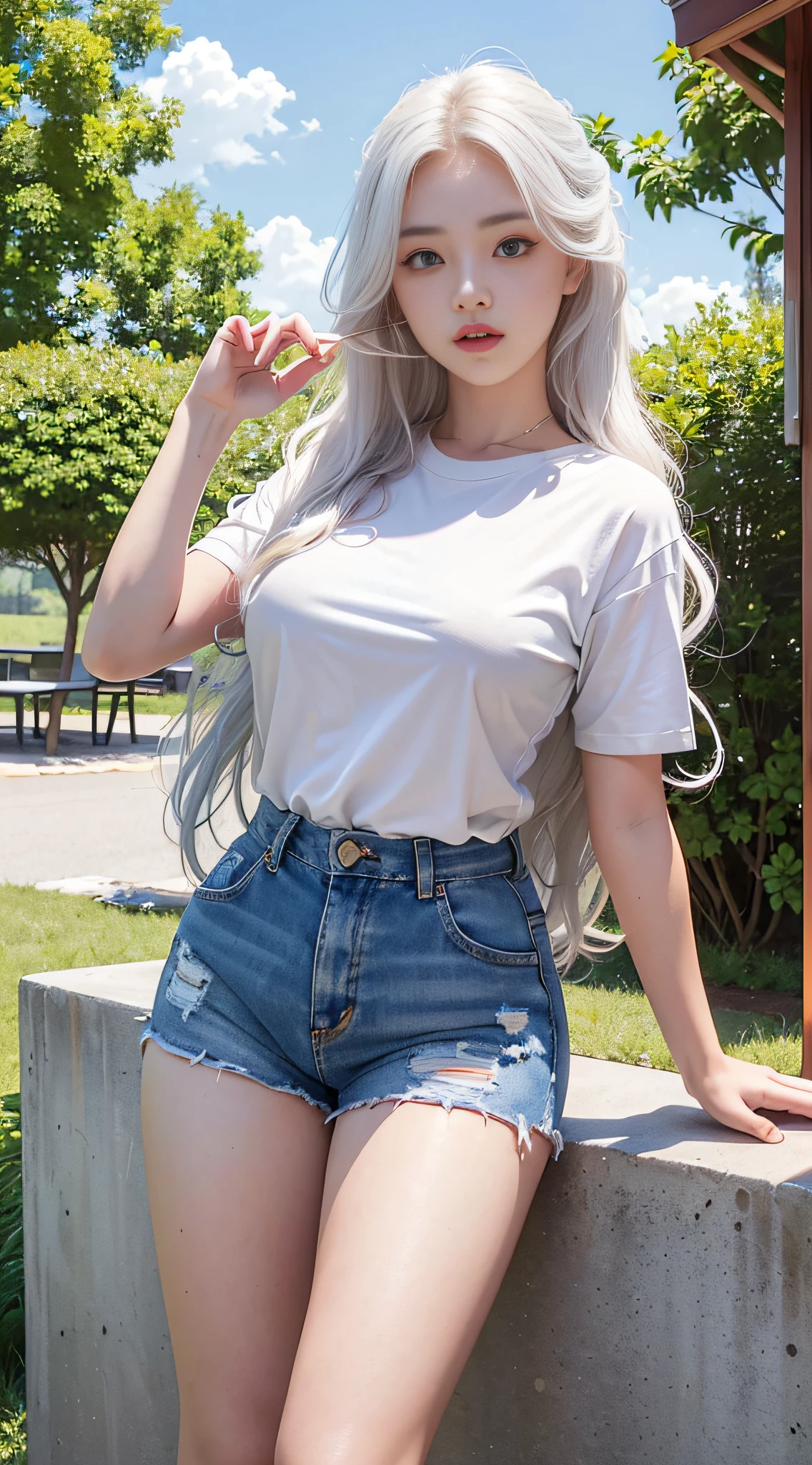 (Masterpiece, realistic, high resolution), (1 girl): 1.2), Korean, ((white wavy hair): 1.3), (heterochromic eyes: 1.1, thick eyebrows, small moles under the eyes), tie, (white shirt, red sports shorts), ((??????????????): 1.2, thighs), outdoor, blue sky and white clouds