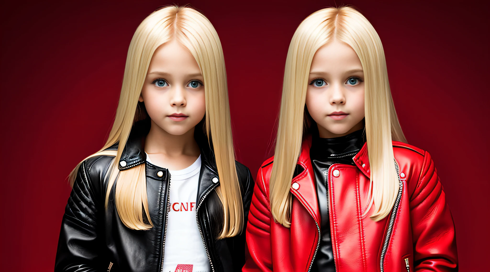 blonde  girls WITH STRAIGHT HAIR, RED BACKGROUND with lamps, red leather jacket and black clothing.