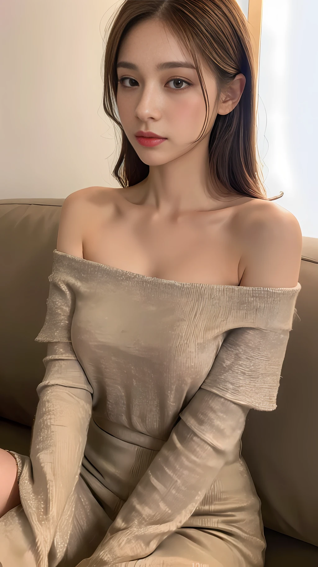 ((Night view, realistic light, best quality, 8k, masterpiece: 1.3)), 1girl, pretty woman with slim figure: 1.4, (brown hair, medium breasts: 1.3), off-the-shoulder cut top: 1.3, sofa, super detailed face, detailed eyes, double eyelids