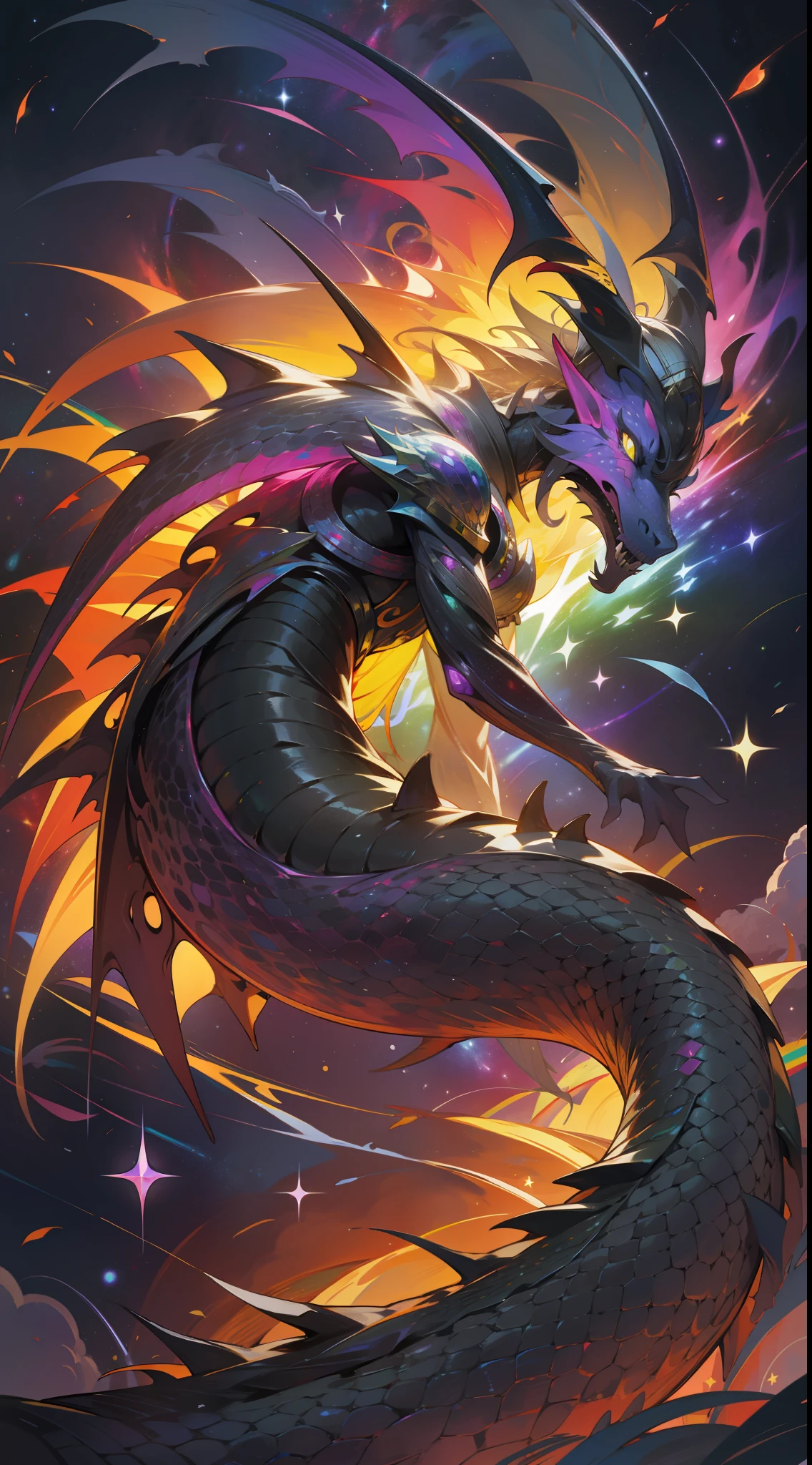 a rainbow colored dragon, rainbow colored cosmic nebula background, stars, galaxies