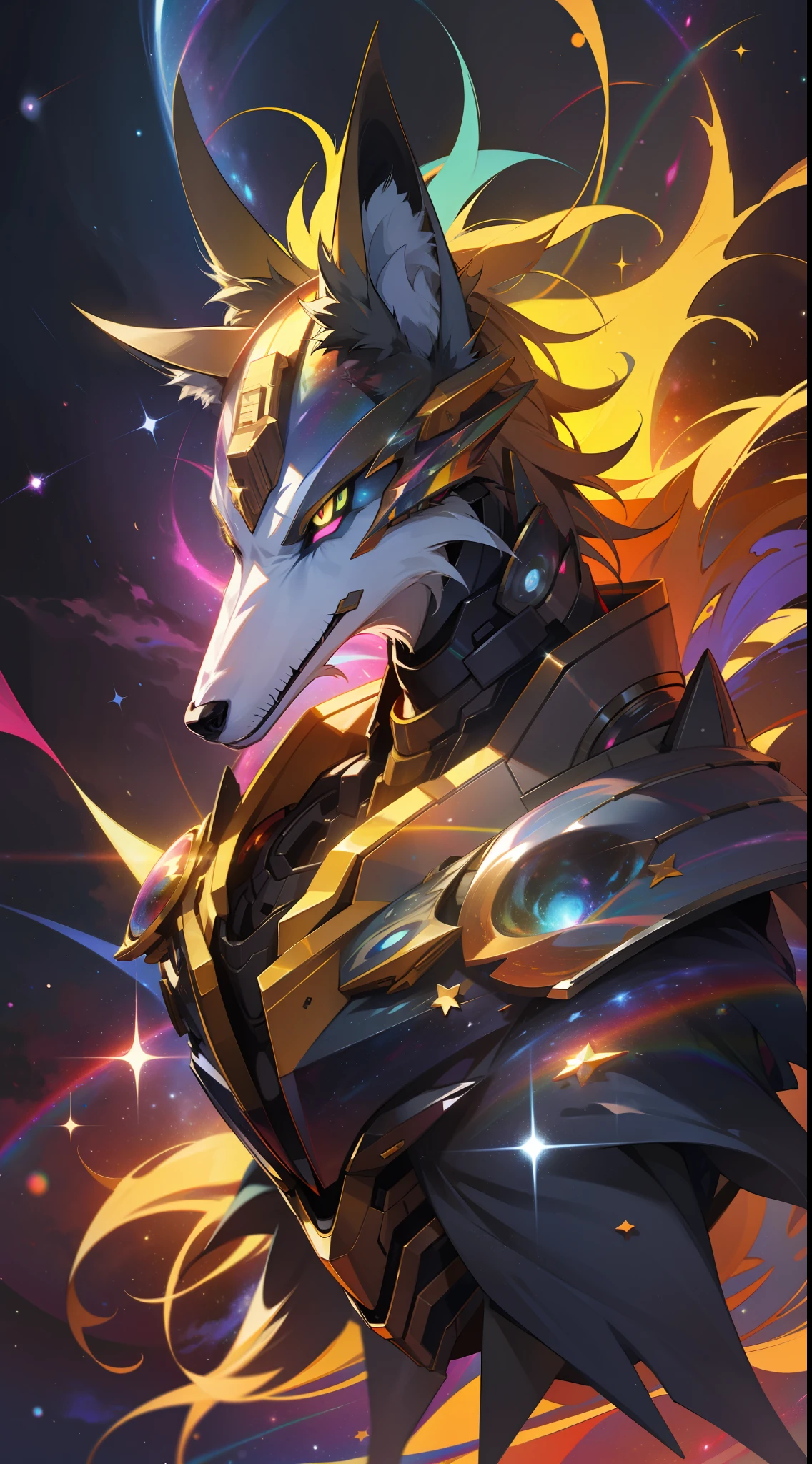 a lrainbow colored wolf, rainbow colored cosmic nebula background, stars, galaxies