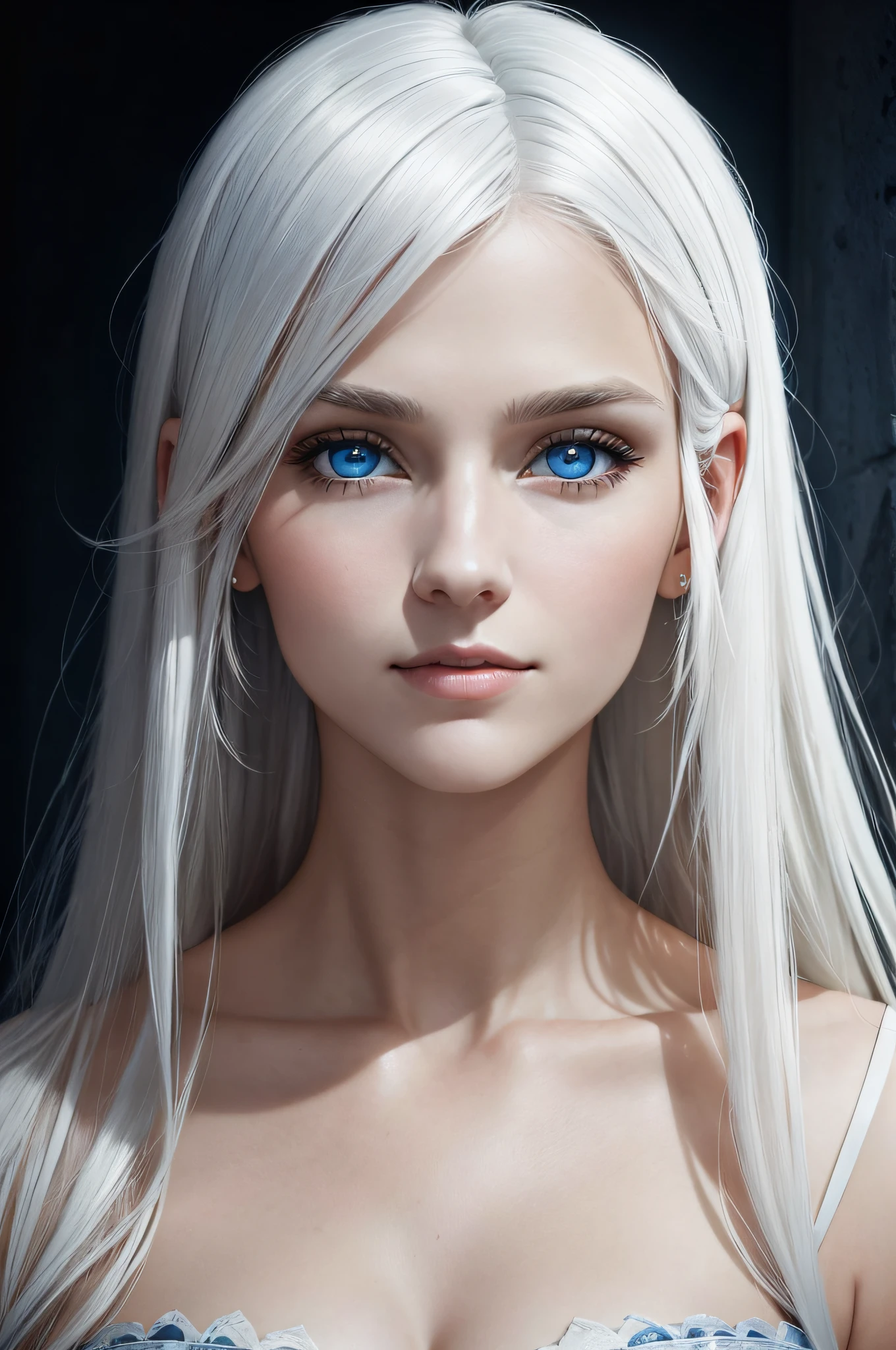 portrait of a 28-year-old woman with natural, smooth, light-colored face, white hair, and blue eyes, set against a dark background)