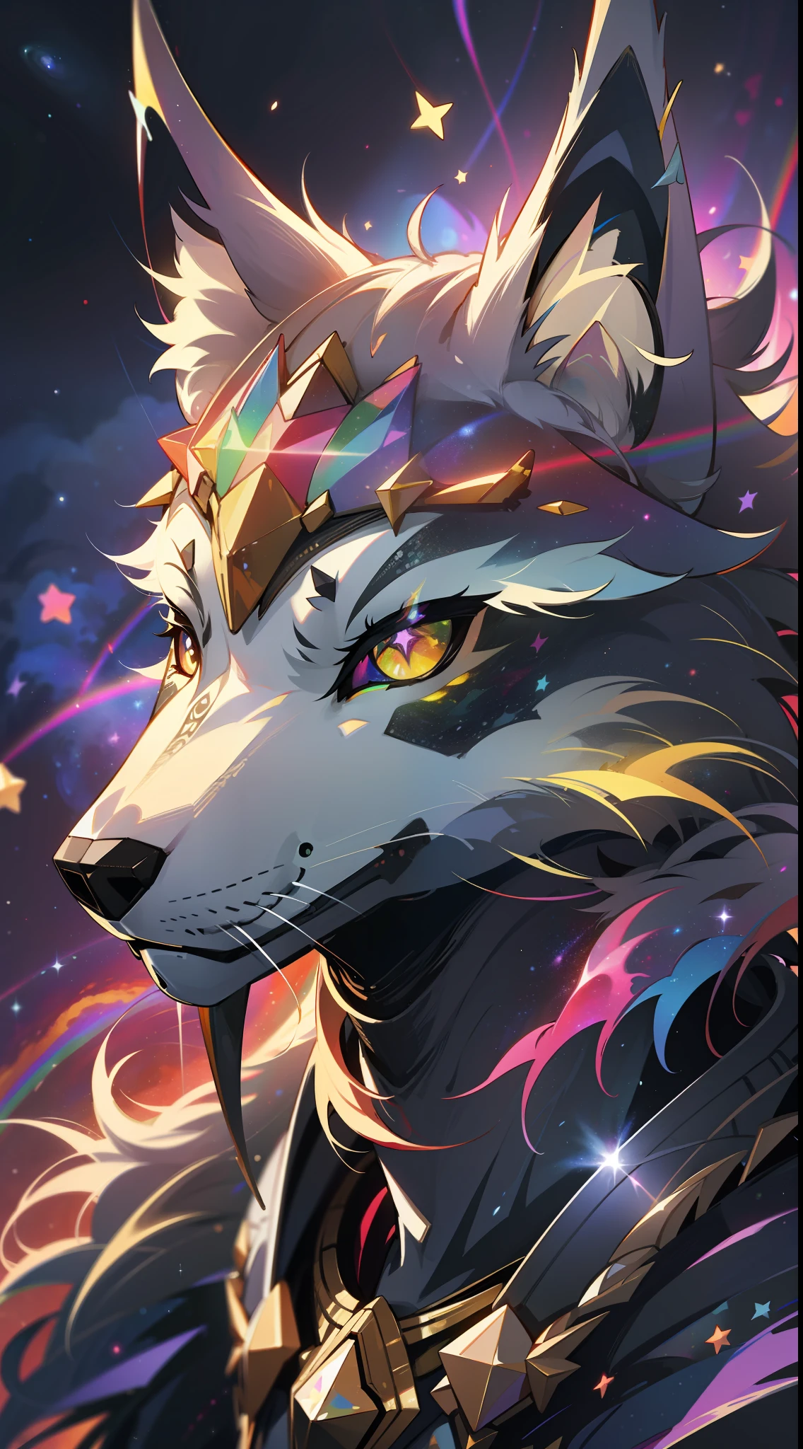 a lrainbow colored wolf, rainbow colored cosmic nebula background, stars, galaxies