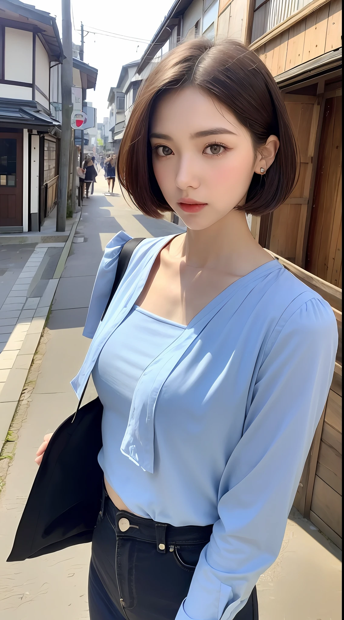 (Top Quality, 16k, Masterpiece: 1.3)), 1 Girl, Sharp Focus: 1.2, Beautiful Women with Perfect Figure: 1.4, Slender Abs: 1.2, (((Short Bob Hair)), ((Small: 1.4)), ((Beautiful Face Idol: 1.3)), (Blouse 1.5)), Very detailed face and skin texture, Detailed eyes, Double eyelids, (((Pause)), (Seductive)), walking, Kyoto Streetscape