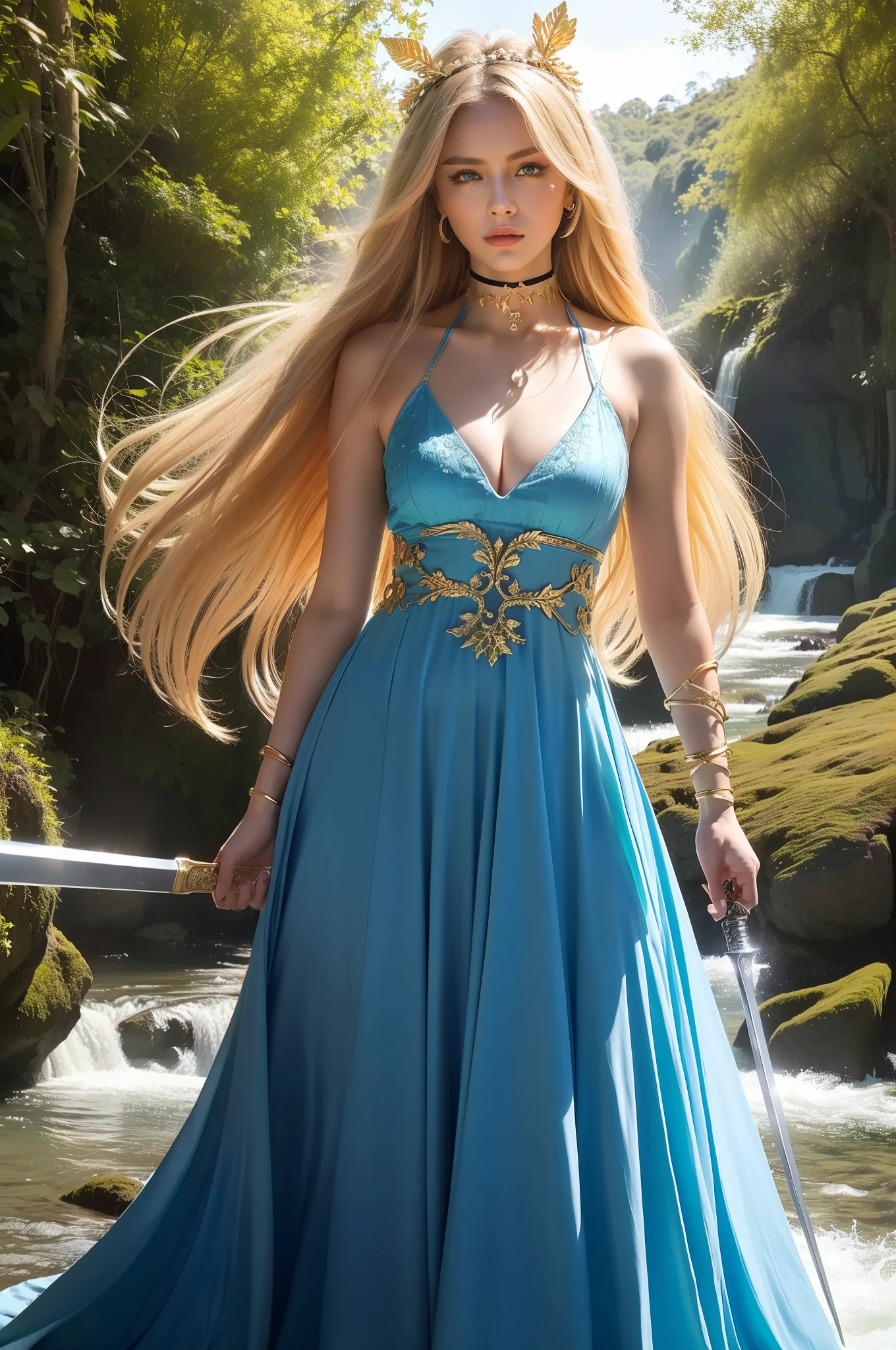 (a detailed portrait RAW photo of a gorgeous beautiful ((Finnish)) , realistic, solo, front view,POV,looking in camera, flirting with the camera, (masterpiece),(photorealistic:1.3), nfsw, ultra-detailed, (high detailed skin:1.2),(best quality:1.0), (ultra highres:1.0),(by samdoesart, by Antonio J. Manzanedo), fit, back light, GOLDEN HOUR, petite, choker, slim, choker, beautiful, A fierce warrior girl, wielding a magical sword, long flowing hair, adorned with flowers, intense blue eyes, standing in a mystical forest,
bright sunlight, high angle shot,
Flowing robe, intricate armor, delicate headpiece,
Powerful pose, ready for battle,
Majestic waterfall, lush greenery, enchanted creatures,
Soft natural lighting, golden hour,