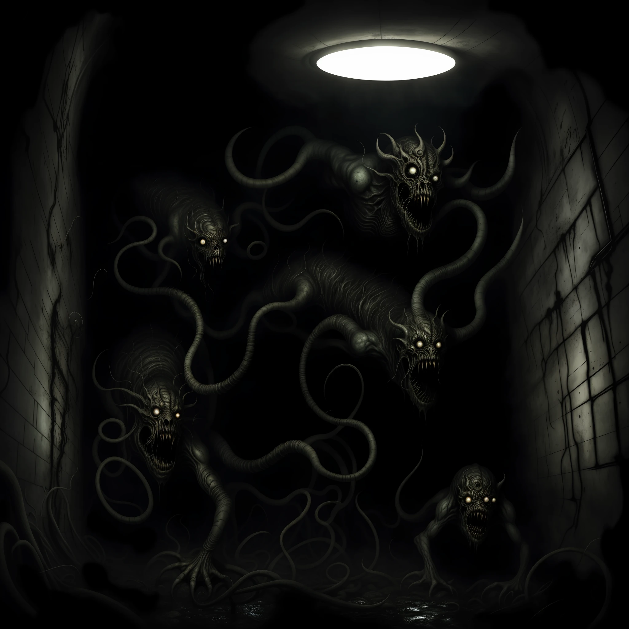 Action shot of terrifying beast eldritch with wet black skin chasing after the viewer in a decrepit underground tunnel in Hell - in the style of Joshua Hoffine and artgerm, creepy, unnerving, unsettling, terrifying, 80mm, horror lighting, dynamic action,