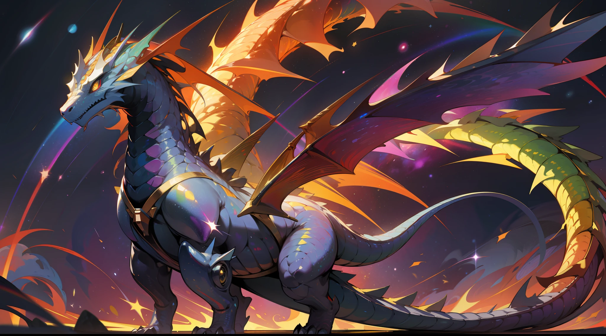 a full body rainbow colored dragon, rainbow colored cosmic nebula background, stars, galaxies