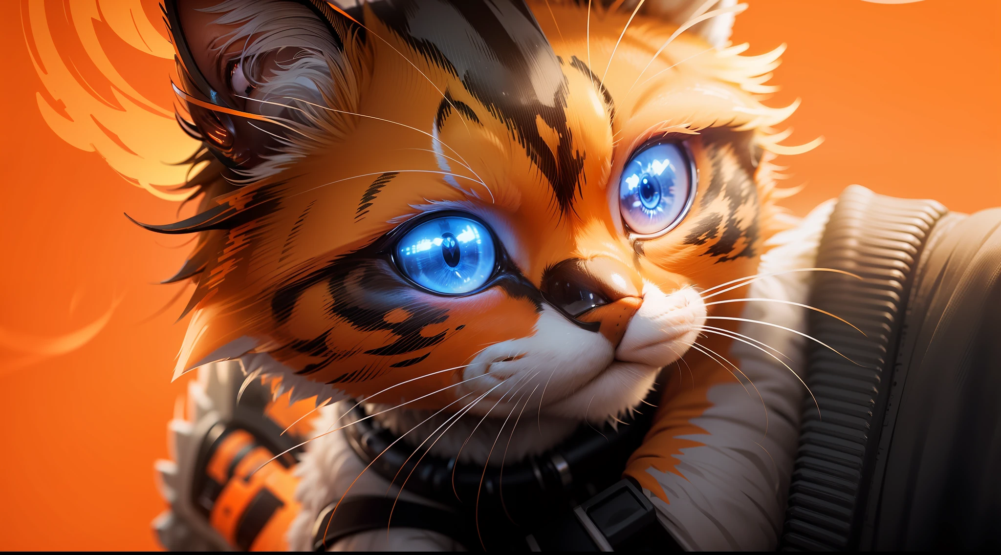 isometric view of a MINI cute hyperrealistic futuristic soldier cat wearing cyberpunk jacket. orange skin. Cinematic, hyper detailed, white GRADIENT background , highly detailed, zoomed out --auto --s2