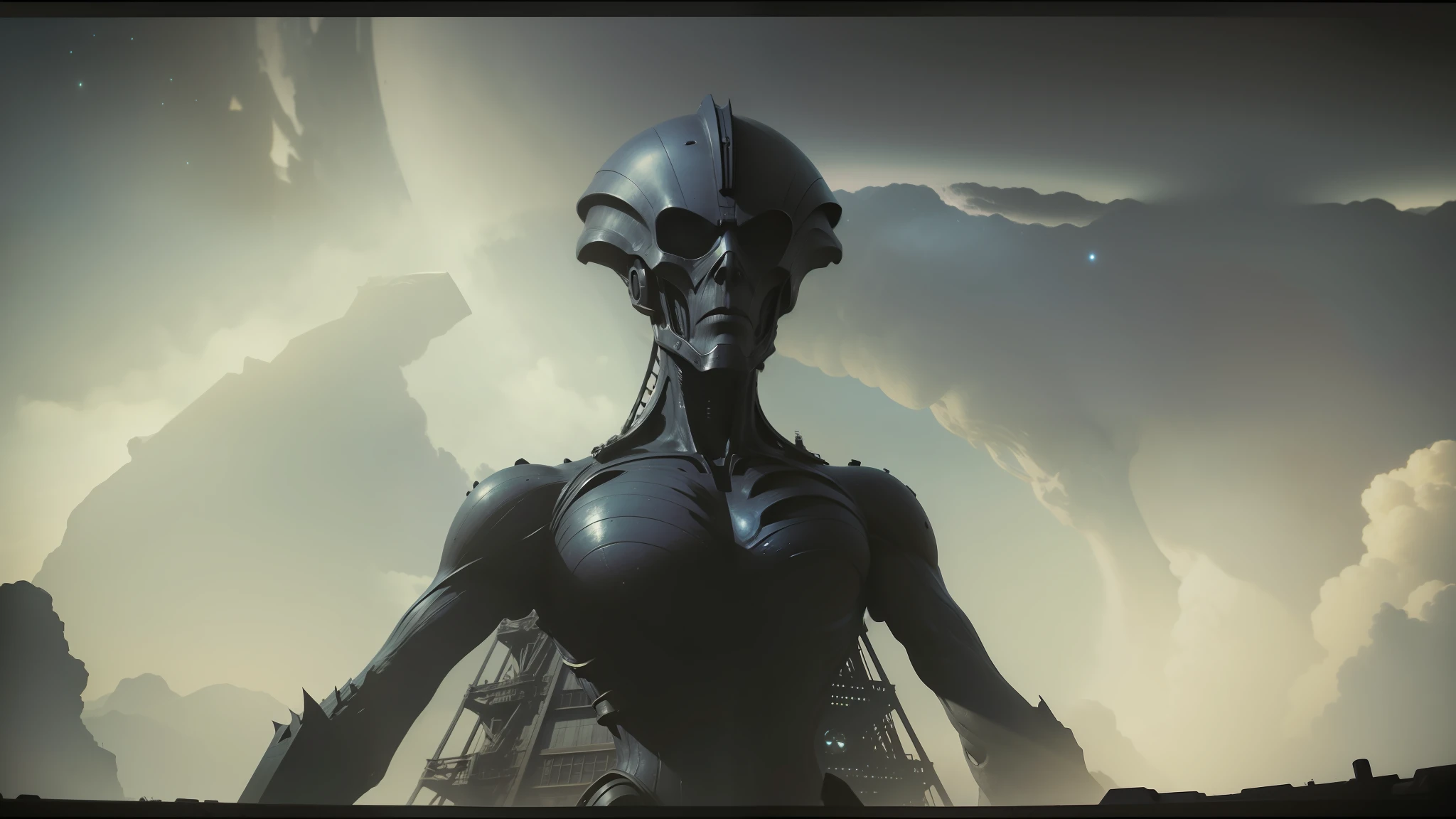 alien statue with a large head and a long neck, still from a music video, by Albert Joseph Pénot, nuclear wasteland, dark cinematic concept art, radio telescope, the evil within monster, mechanical structure, daguerreotype, by Tadashi Nakayama, rendered image, inspired by Mikhail Lebedev, the tower tarot card, #vfxfriday, depicted as a scifi scene --auto --s2