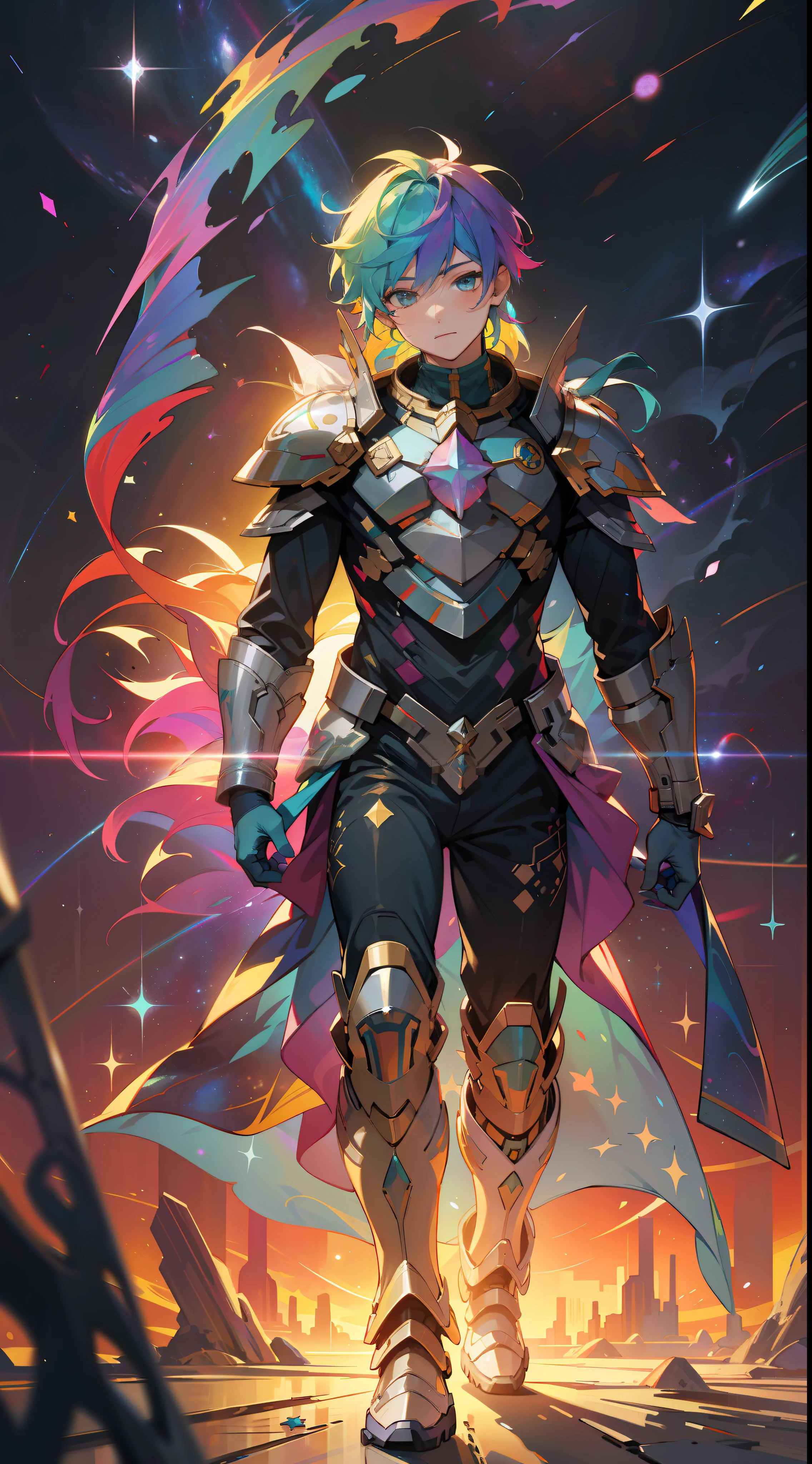 a boy with rainbow colored hair and rainbow teal armor, walking in the stars, rainbow colored cosmic nebula background, stars, galaxies
