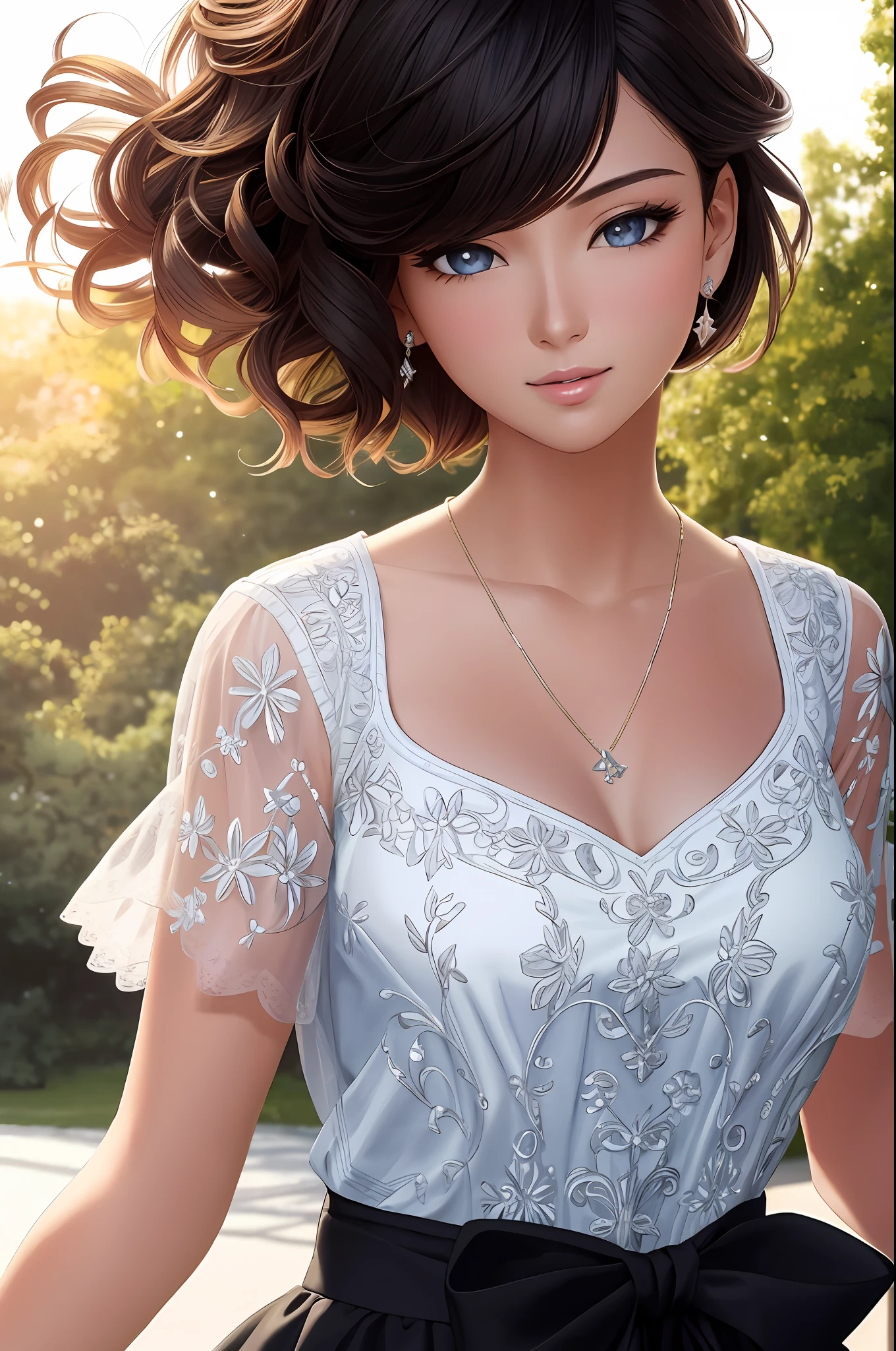 Illustration, anime style, (masterpiece, top quality, super detail, high resolution), perfect face, side lights, shiny skin, (bloom), (shine), lighting, ray tracing, 1girl, solo, short hair of black color, black moisturized eyes, summer short sleeves, hair bow, pink skirt, bow, pink bow, lips, upper body, curly hair, chest, parted lips, jewelry, depth_of_field, Very detailed background, very detailed background, masterpiece, super detail, great composition,dynamic angle,[bottle bottom],(wide shot), very delicate and beautiful,(best quality), (master work), depth of field, solo, extreme light and shadow, masterpiece, rich in detail, (fine features), (best quality), (masterpiece), (detail), (beautiful) detail, Beautiful Detail Eye,(Straight On), Upper Body,(Very Detail CG Unity 8k wallpaper),(Masterpiece), (Best Quality), (Super Detail)(Best Illustration)(Best Shadow),Perfect Lighting,Perfect Anatomy