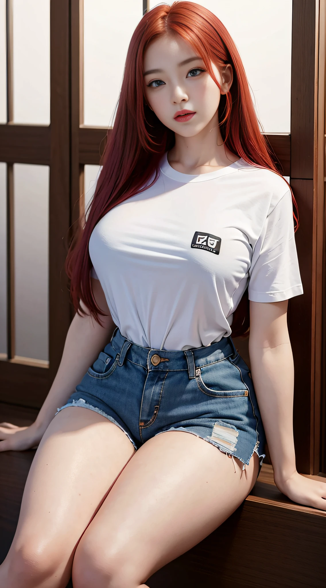 Realistic, high resolution, 1 girl, red hair, Korean, blue eyes, white shirt, black shorts, thick thighs