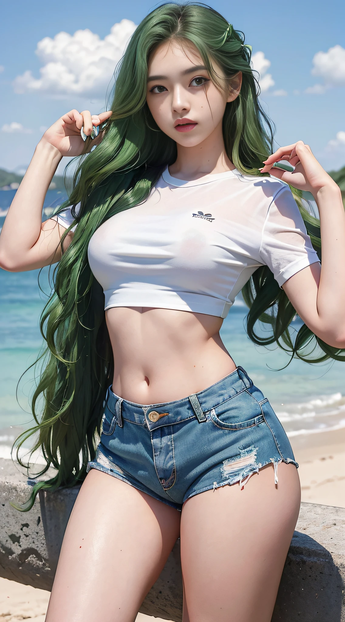 (Masterpiece, realistic, high resolution), (1 girl): 1.2), Korean, ((green wavy hair): 1.3), (heterochromic eyes: 1.1, thick eyebrows, small moles under the eyes), tie, (white shirt, red sweat shorts), ((medium breasts): 1.2, thighs), outdoors, blue sky and white clouds