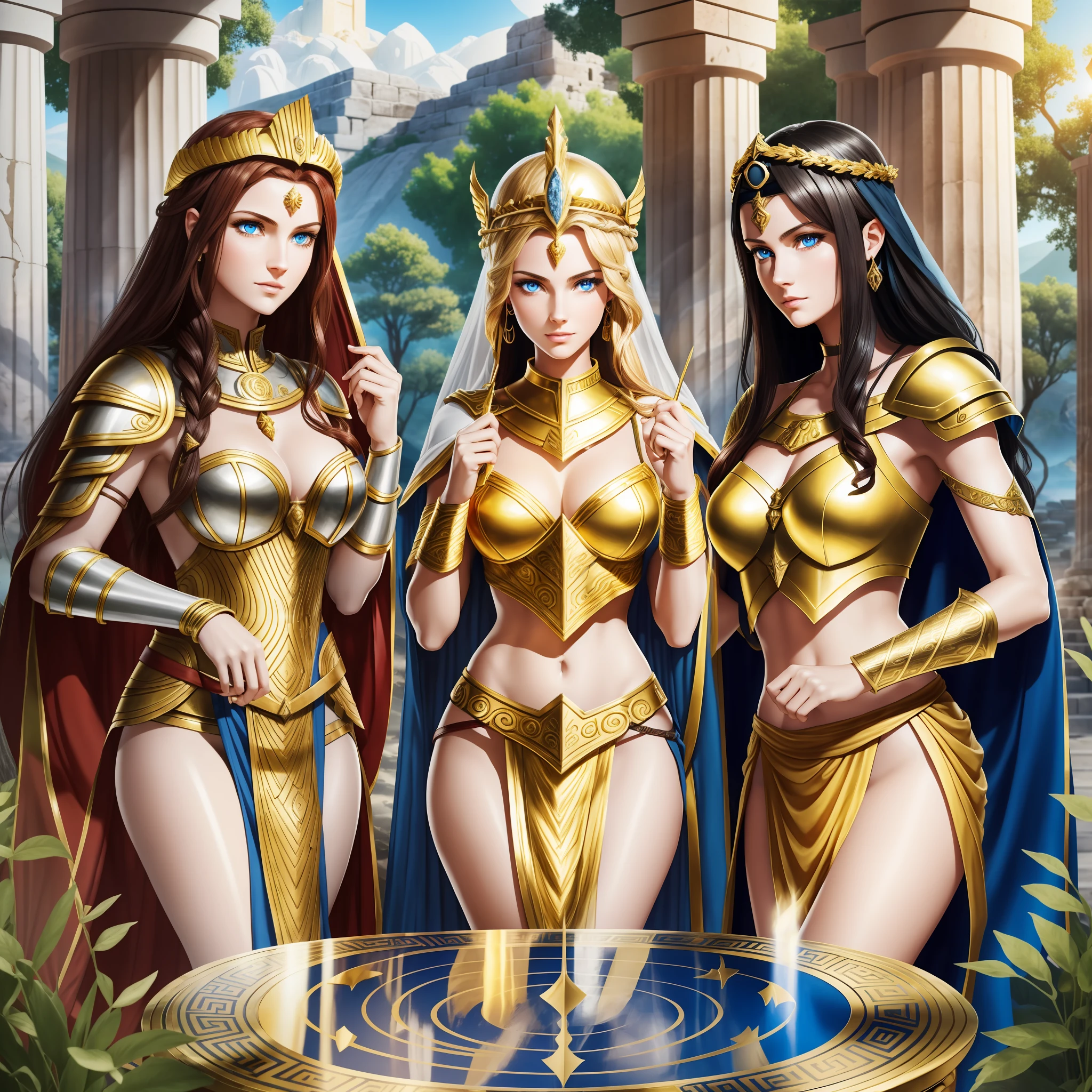 (three goddesses) are chatting happily in an ancient Greek temple, {the center is goddess of wilderness and hunting, with (((blond hair))) and (((blue eyes))), is fair-skinned, is tall and slender, has a pair of perfect long legs, wears white (very short: 1.5) tunic and golden circlet}, {the right is goddess of war and wisdom, with ((black hair)) and ((gray eyes)), is fair-skinned, is tall, wears ((golden armor and met))}, {the left is goddess of hearth and fire, with ((dark red hair)) and ((dark red eyes)), is fair-skinned, wears white robe and veil}, Greek mythology, mythological atmosphere, photorealistic, super high quality, super detail, super hand description, masterpiece, 8K, HDR