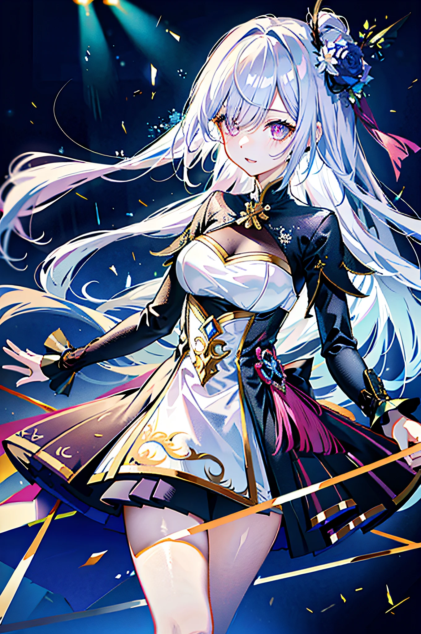 (best quality, detailed background, highres, absurdres, bloom, disheveled hair, shiny hair, exposed in lighting, bright pupils),
1girl, focus on leg, earpiece, long hair, silver hair, large_breasts, action_pose, standing,  arms behind back, stage, spotlight, glass ceiling, 
shenhe \(genshin impact\), hair_ornament, hair over one eye,  designer dress,  dutch_angle, upper body,