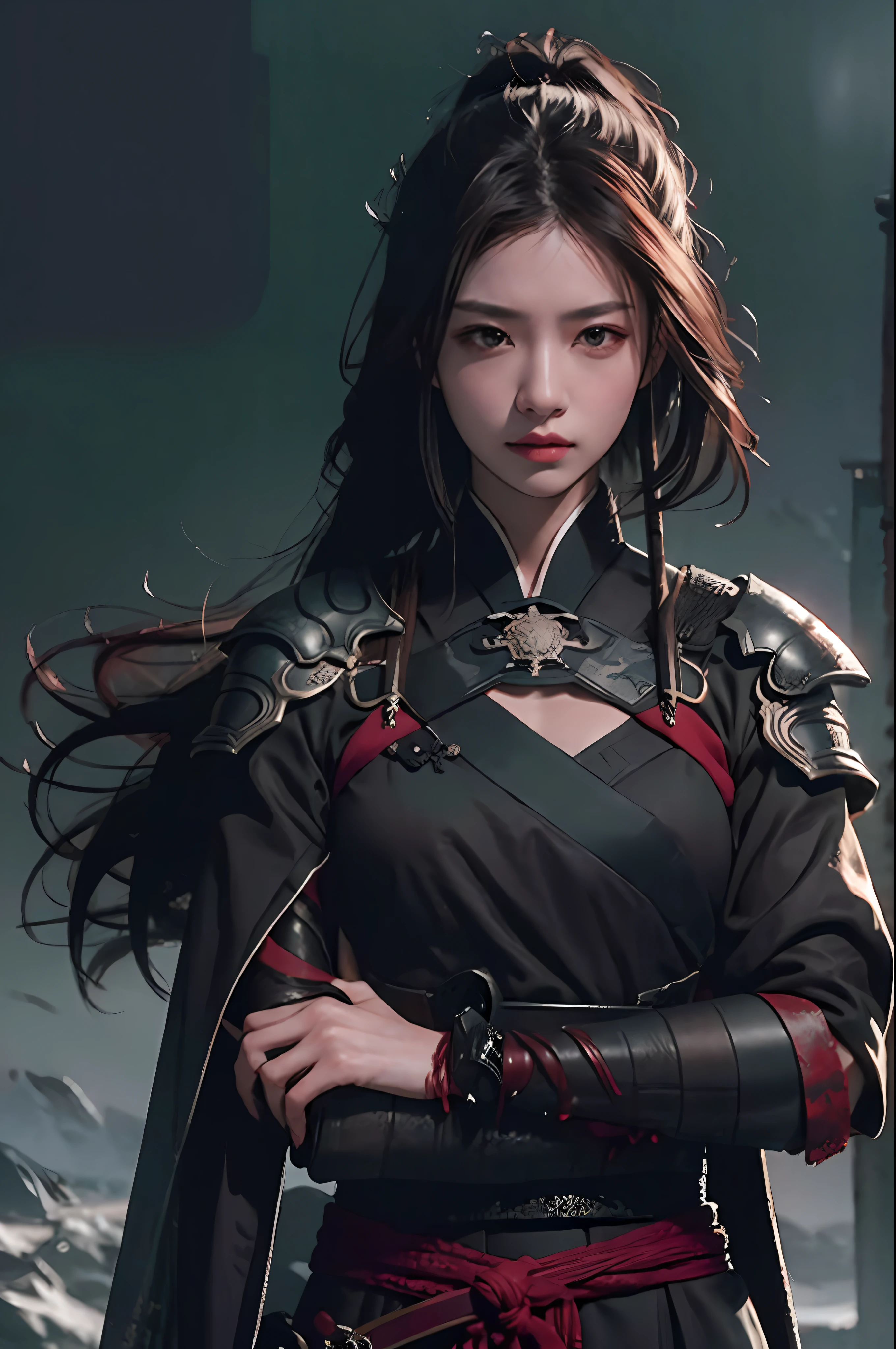 RAW Photo, 4k, Realistic, Delicate and Meticulous Skin), Masterpiece, Best Quality, Official Art, Unity 8k Wallpaper, Ultra Detailed, (Dark Scene, Low Key, Soft Light), Cinematic Look, High Saturation, Best ???????, Volume Mist, Samurai Girl, Slim Body, Full Body, 1 Girl, Weapon, Sword, Long Hair, Brunet, Hold, Solo, Hold Weapon, Blood, Sword Grip, Armguard, Simple Background, Blood on Weapon, Looking at the Audience, Black Eyes, Cloth, Floating Hair, Hanfu, Dragon