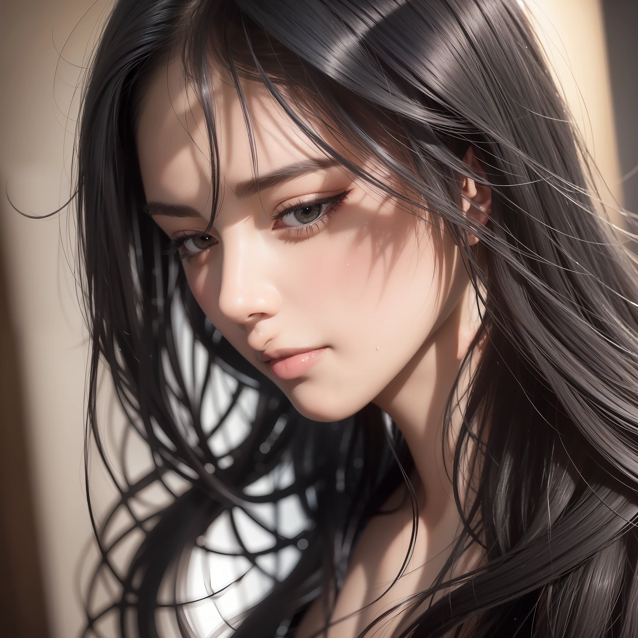 a beautiful woman, black hair, hair behind ear, long hair, close-up, bokeh, depth of field, ray tracing, reflection light, masterpiece, ccurate, best quality, high quality, high details, textured skin, UHD, HD