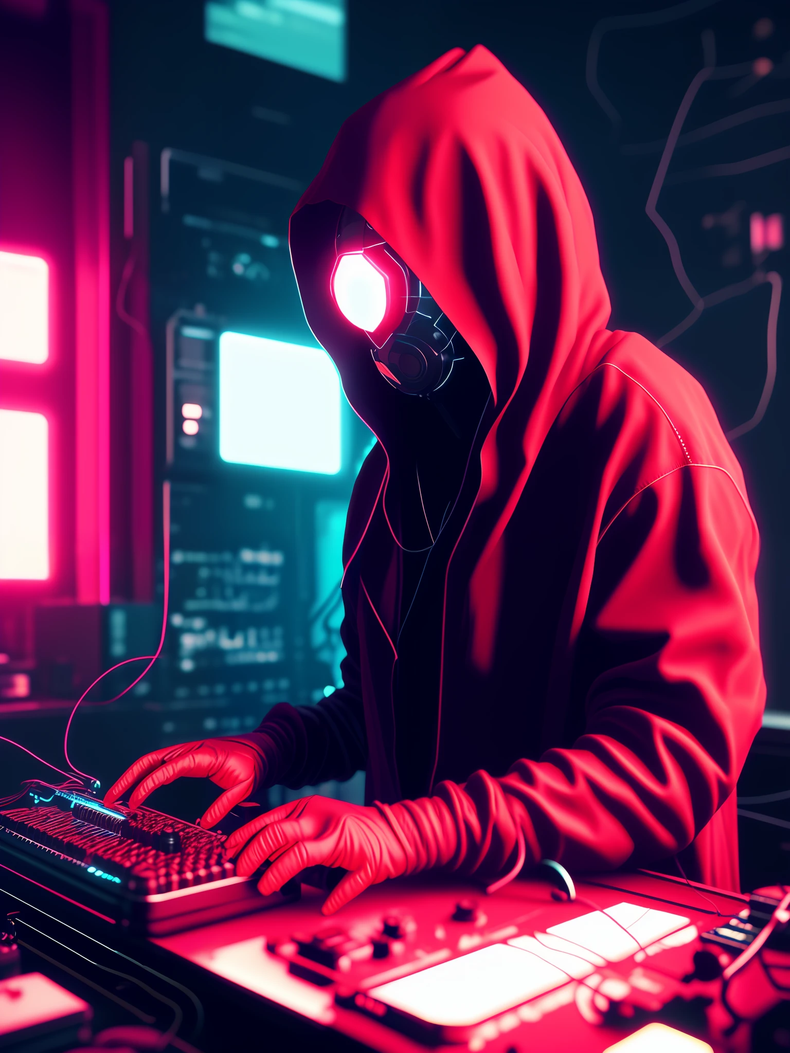 NeonNinja style, a close up of a person wearing a red hood there is a large ball in the middle of a room, a close up of an electronic device on a table