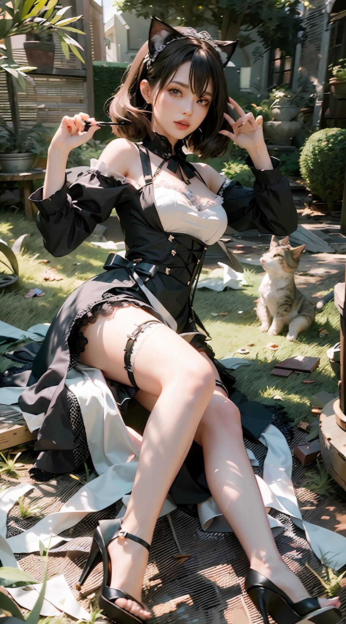 ((Best Quality)), ((Masterpiece)), (Details: 1.4), 3D, Single, A Beautiful Cat-Lady Maid, (Maid Outfit, Lace Lace Dress: 1.9), (A Pair of Cat Ears: 1.6) (Green Pupils: 1.5) (High Heels: 1.4), Normal Body Proportions, HDR (High Dynamic Range), Ray Tracing, NVIDIA RTX, Super-Resolution, Unreal 5, Subsurface Scattering, PBR Textures, Post-processing, anisotropic filtering, depth of field, maximum sharpness and sharpness, multi-layer textures, albedo and highlight mapping, surface shading, accurate simulation of light-material interactions, perfect proportions, Octane Render, two-color light, large aperture, low ISO, white balance, rule of thirds, 8K RAW,