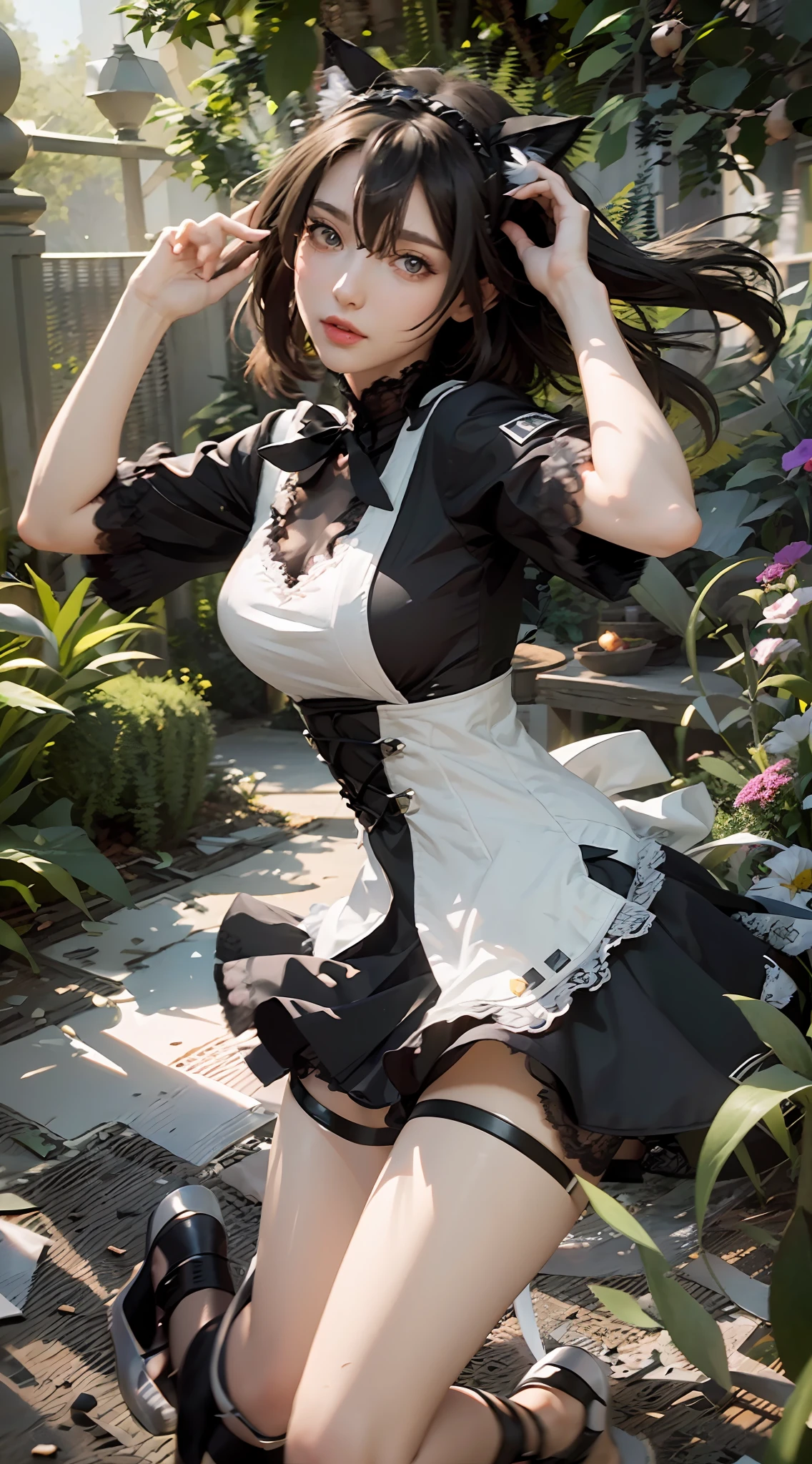 ((Best Quality)), ((Masterpiece)), (Details: 1.4), 3D, Single, A Beautiful Cat-Lady Maid, (Maid Outfit, Lace Lace Dress: 1.9), (A Pair of Cat Ears: 1.6) (Green Pupils: 1.5) (High Heels: 1.4), Normal Body Proportions, HDR (High Dynamic Range), Ray Tracing, NVIDIA RTX, Super-Resolution, Unreal 5, Subsurface Scattering, PBR Textures, Post-processing, anisotropic filtering, depth of field, maximum sharpness and sharpness, multi-layer textures, albedo and highlight mapping, surface shading, accurate simulation of light-material interactions, perfect proportions, Octane Render, two-color light, large aperture, low ISO, white balance, rule of thirds, 8K RAW,