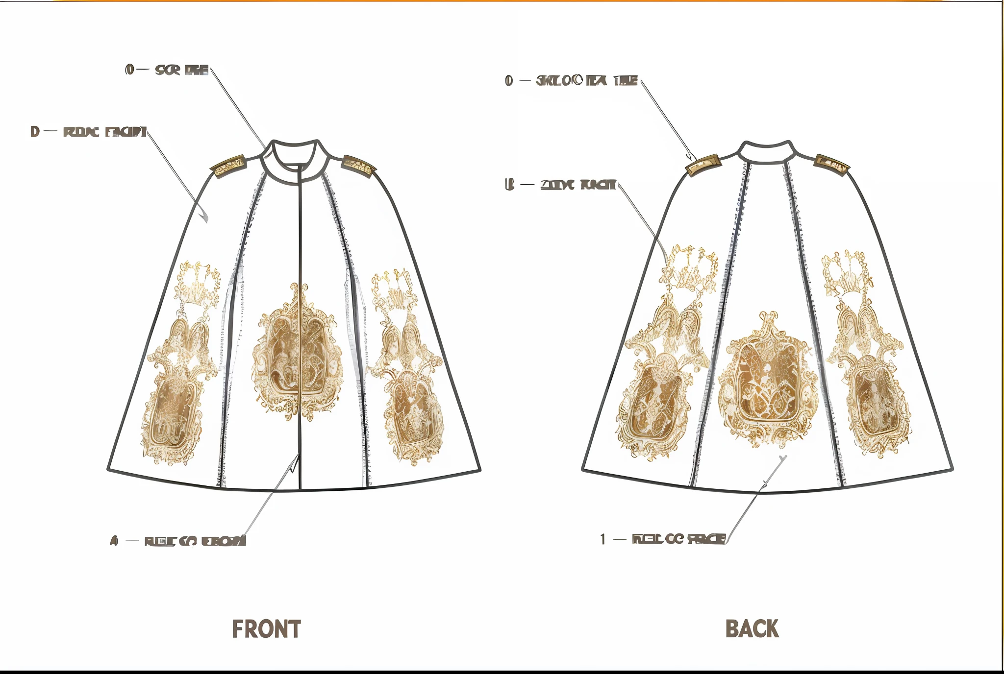 a diagram of a cape with a floral pattern and a back, royal cape, high detailed photography cape, front side views full, ornate cloak, clothing design, intricate costume design, cloak. extremely high details, gold and white cloak, front back view and side view, front and back view, embroidered uniform guard, costume desig, robe. extremely high details --auto --s2