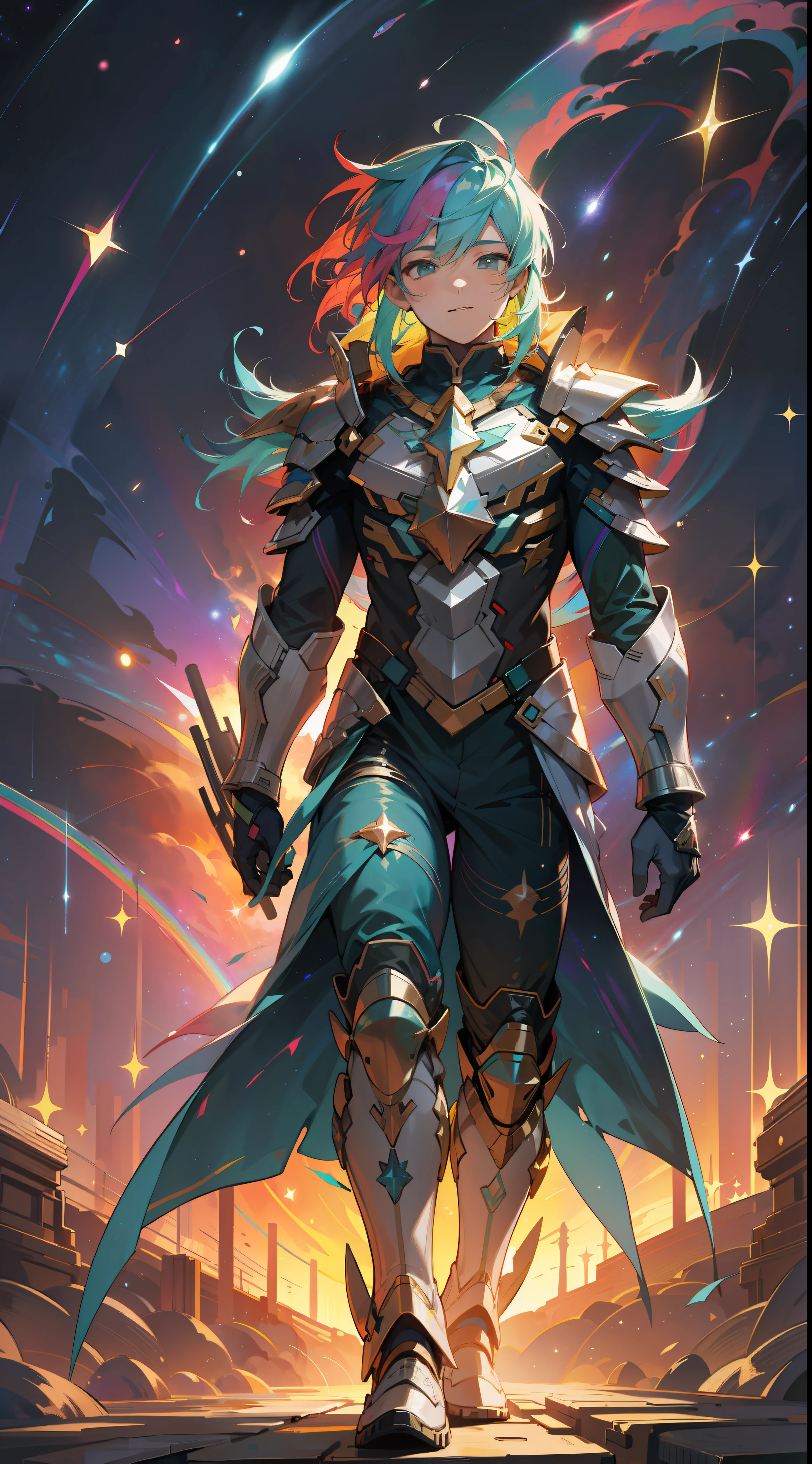 a boy with rainbow colored hair and rainbow teal armor, walking in the stars, rainbow colored cosmic nebula background, stars, galaxies