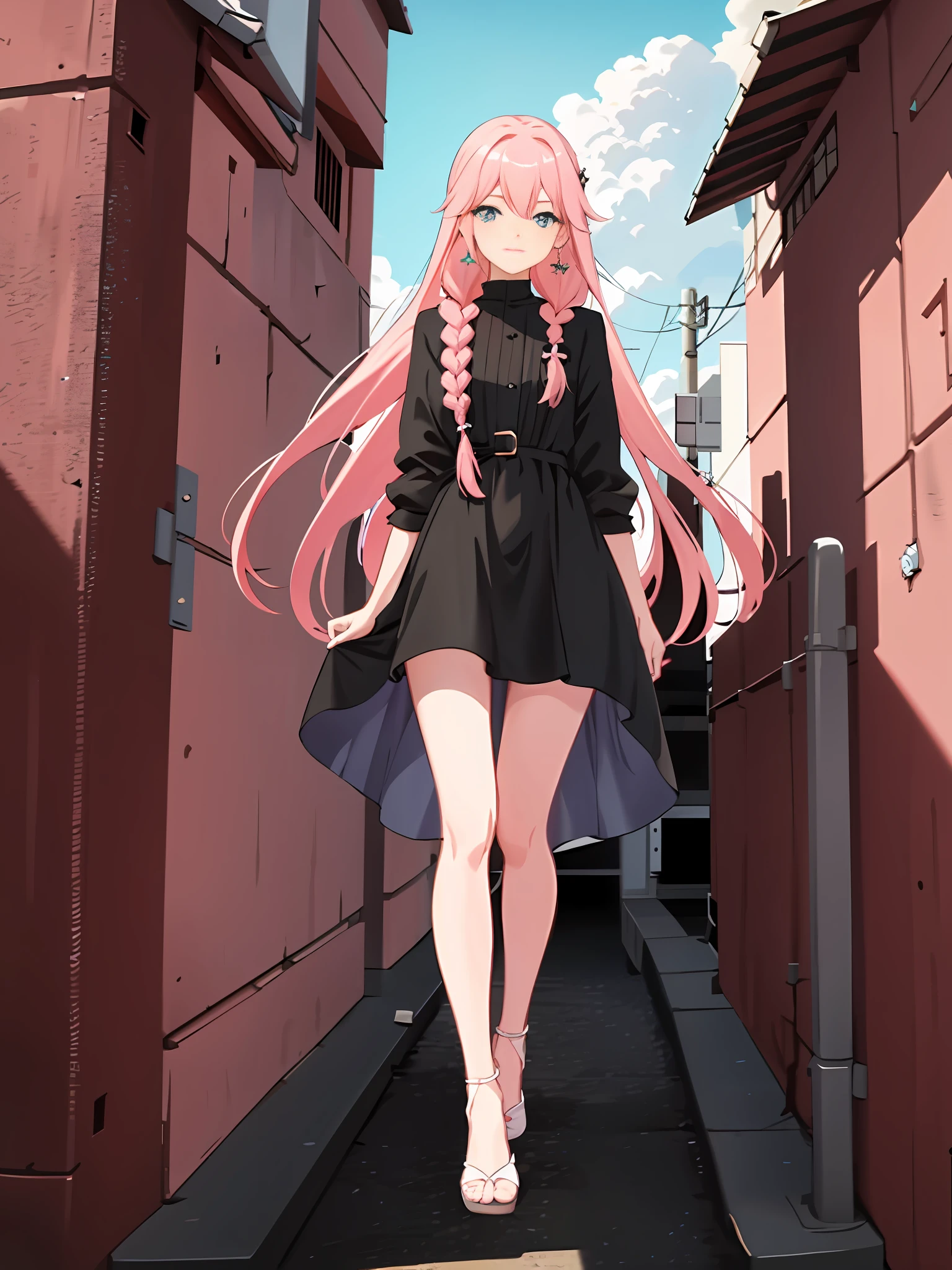 Pink gradient long hair anime girl, long hair anime girl, anime style 4 k, anime art wallpaper 8 k, anime art wallpaper 4 k, anime art wallpaper 4k, beautiful anime, anime wallpaper 4k, anime wallpaper 4k, beautiful fantasy anime, beautiful anime girl, 4k anime wallpaper, anime wallpaper, modern city background, tall buildings, black knee stockings. Overcast sky, overcast sky, dim light. (Detailed clothes), (Ultra Detail: 1.3), (Delicate and beautiful: 1.3), (Dynamic angle: 1.2), (Fine Detail: 1.4), (Dynamic pose: 1.3), (Dynamic angle: 1.2), (Looking at the audience: 1.3), (Full body shooting: 1.3), (Cinematic angle), (Vista: 1.2), (New house 45 degrees: 1.3), (Panorama: 1.2), (Full body: 1.3), (Single: 1.2), (Beautiful: 1.3), (Beautiful and moving) , (cute: 1.2), (young), (looking at the audience: 1.3), (standing: 1.4), (hands behind the body: 1.2), (extra long hair: 1.3), (French braids), (pink hair: 1.6), (gradient hair: 1.3), (beautiful and delicate eyes: 1.3), (gradient eyes: 1.2), (shyness), (eye shadow), (gauze dress: 1.3), (princess dress), (gorgeous clothes: 1.3), (earrings: 1.2), (hair accessories), (clouds:1.2), (Beautiful and detailed starry sky), (Sky: 1.2), (Outdoor: 1.3), pink gradient long-haired girl, modern style dressing, tall figure, golden ratio figure, lively and cute, dream style, city ruins, short skirt details optimization. Facial expression optimization, hairstyle optimization, optimized black silk flesh feeling, overcast sky, gloomy and dim light. ( )( )