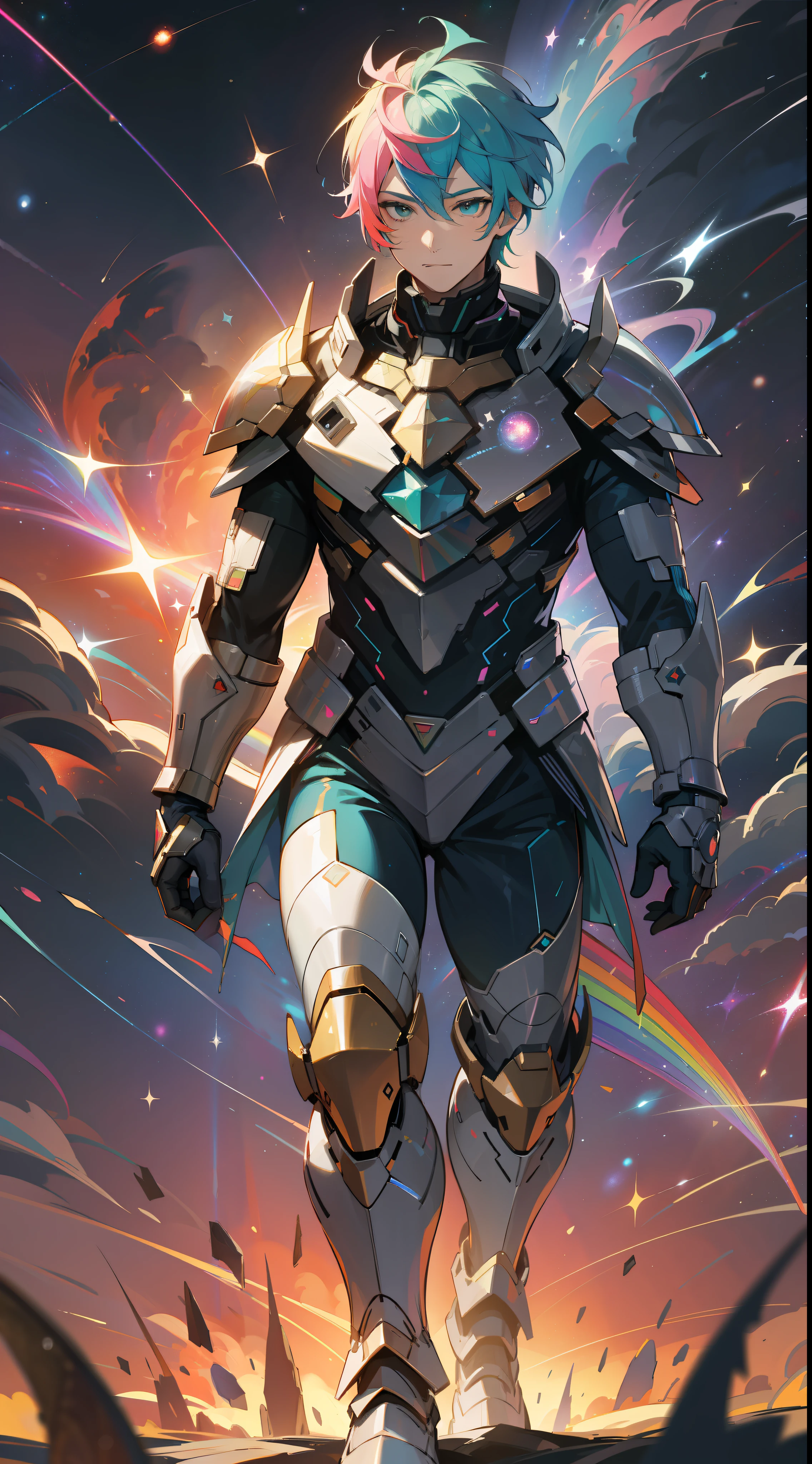 a man with rainbow colored hair and rainbow teal armor, walking in the stars, rainbow colored cosmic nebula background, stars, galaxies