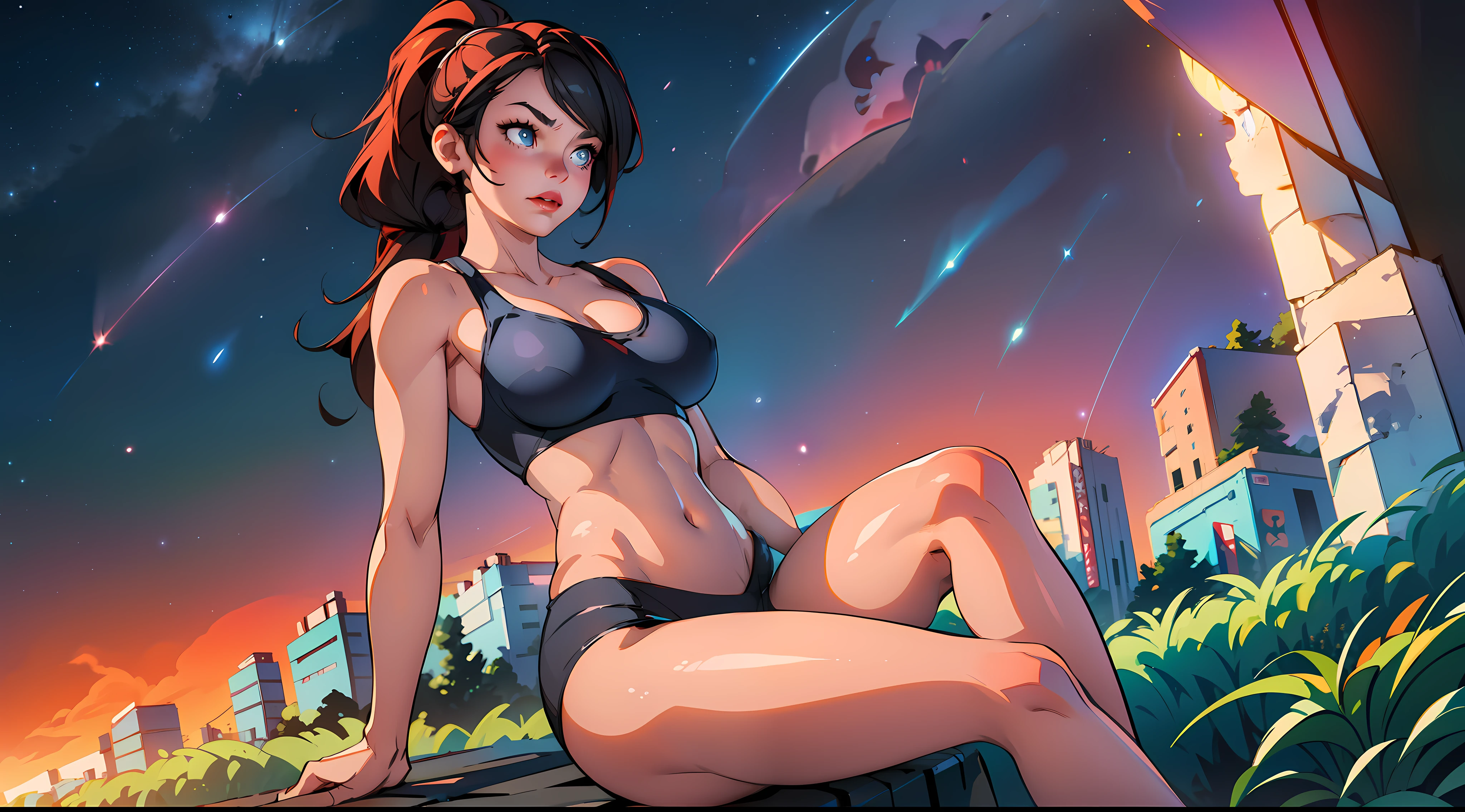 realistic, masterpiece, ray tracing, ponytail, bikini, tight clothing, sleeveless, huge breasts, nipple, nipple visible through bra, cleavage, red lipstick, black hair, blue eyes, wide hips, thick thighs, muscles, abs, action pose, pretty face, on top of hill, sitting down, watching sunset, stars, night sky