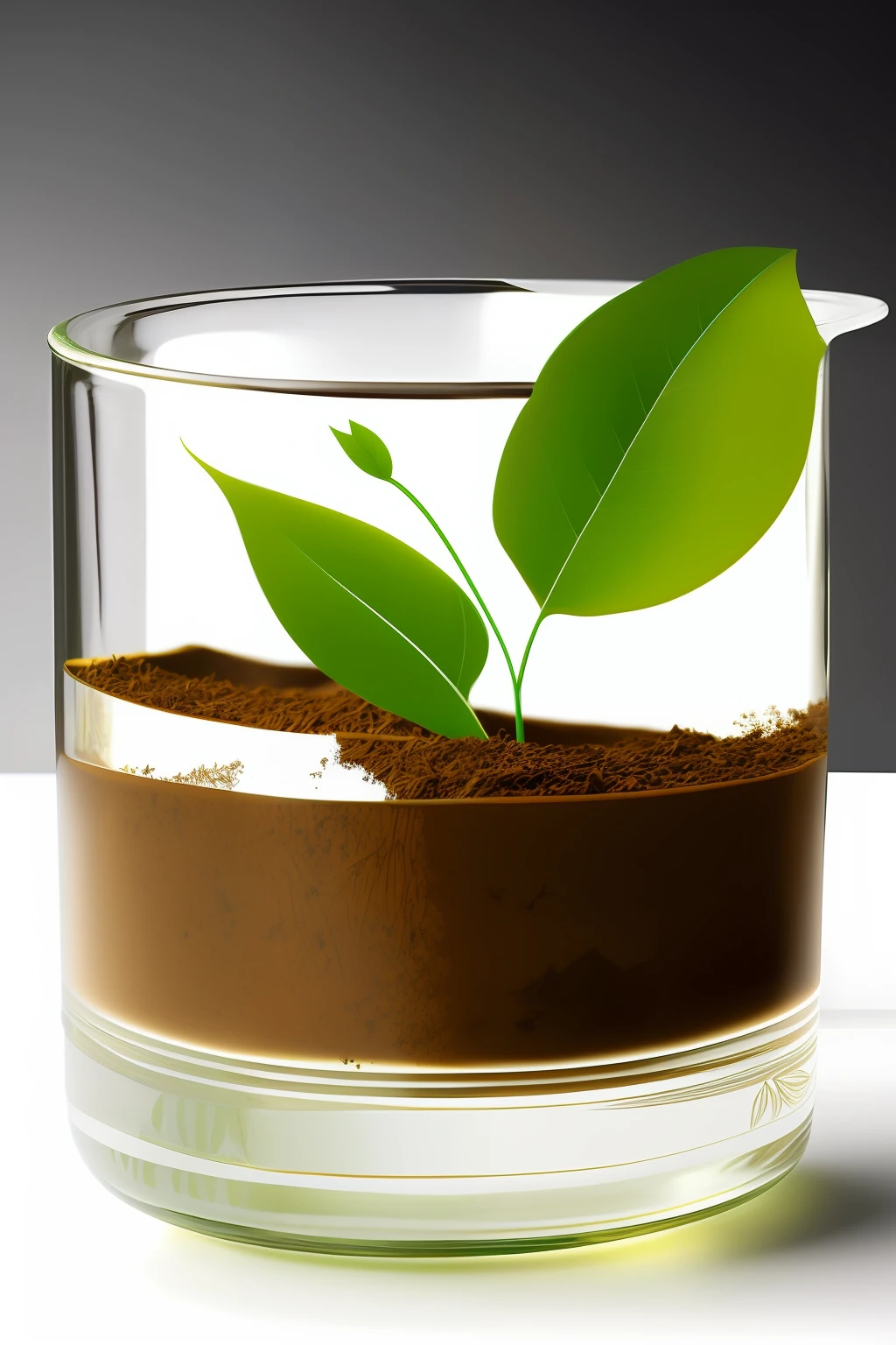 Indian plain vintage chai cutting glass without handle with mud filled and having a plant with few leaves in solid white background hyperrealistic