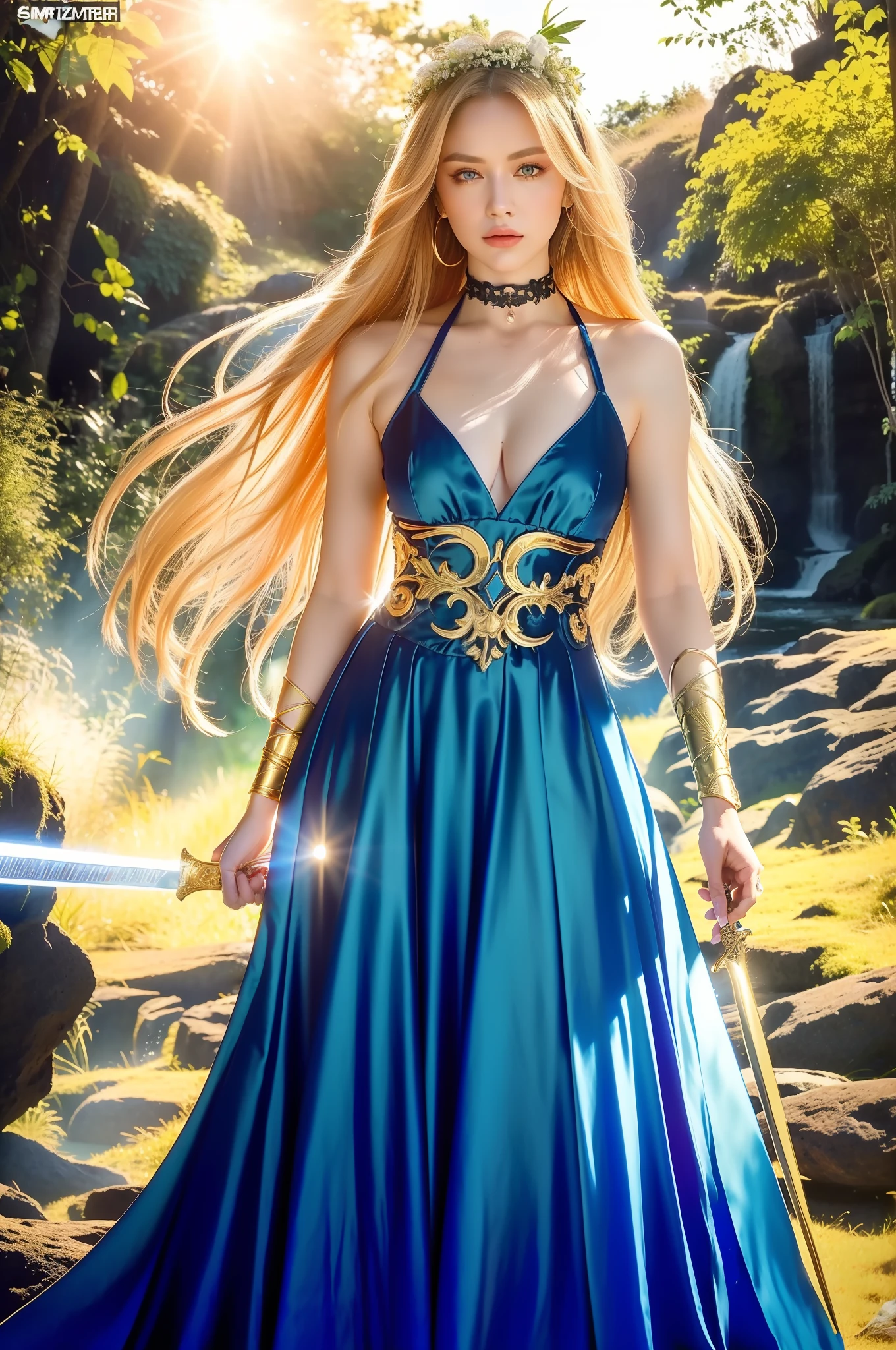 (a detailed portrait RAW photo of a gorgeous beautiful ((Finnish)) , realistic, solo, front view,POV,looking in camera, flirting with the camera, (masterpiece),(photorealistic:1.3), nfsw, ultra-detailed, (high detailed skin:1.2),(best quality:1.0), (ultra highres:1.0),(by samdoesart, by Antonio J. Manzanedo), fit, back light, GOLDEN HOUR, petite, choker, slim, choker, beautiful, A fierce warrior girl, wielding a magical sword, long flowing hair, adorned with flowers, intense blue eyes, standing in a mystical forest,
bright sunlight, high angle shot,
Flowing robe, intricate armor, delicate headpiece,
Powerful pose, ready for battle,
Majestic waterfall, lush greenery, enchanted creatures,
Soft natural lighting, golden hour,