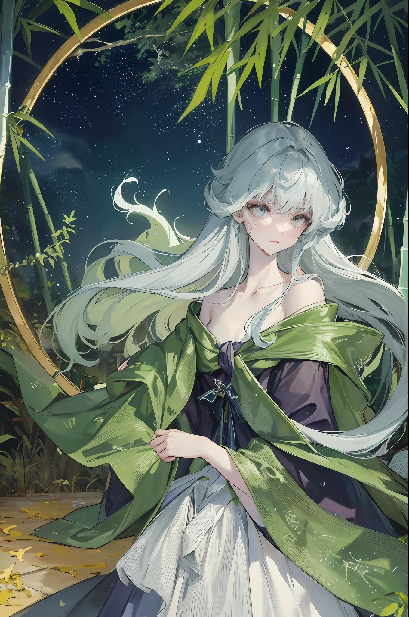 Masterpieces, superb hands, facial details, delicate makeup, a mysterious and psychedelic bamboo forest scene is presented before you on this cold autumn night. A creek babbling, a sea of clouds and a starry sky intertwined, and an antique bridge spans it, under which a few fallen leaves and bamboo leaves float. The whole scenery presents a low-saturation gray-blue, light gray, dark green, dark green, dark purple and dark blue, giving people a cool, aesthetic and elegant feeling. In addition, the scene also integrates elements of ancient style, fairy tales, ink painting and landscape artistic conception, presenting an otherworldly temperament and making the whole scene more elegant and poetic. Starlight dotted in this secluded bamboo forest, adding infinite spirituality to this beautiful scene, people can't help but be enchanted,