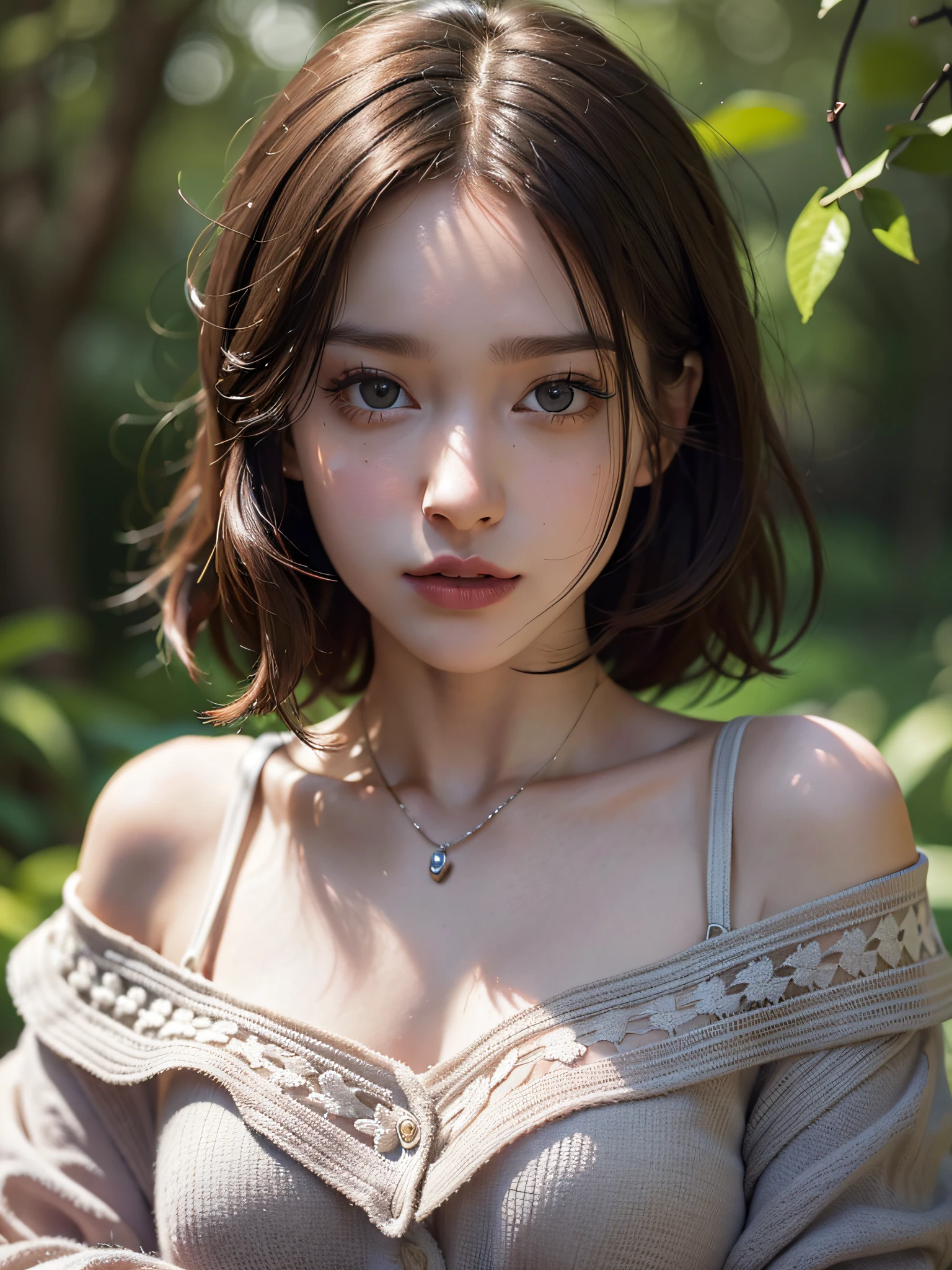 Top Quality, Masterpiece, Ultra High Resolution, (Photorealistic: 1.4), Raw Photo, Highly Detailed Eyes and Face, Realistic Pupils, Black Eyes, Beautiful One Girl, Off Shoulder, Bob Hair, Darkness, Outside, Deep Shadows, Low Key, Cold Light, (Grab Chest: 1.2), Above the waist