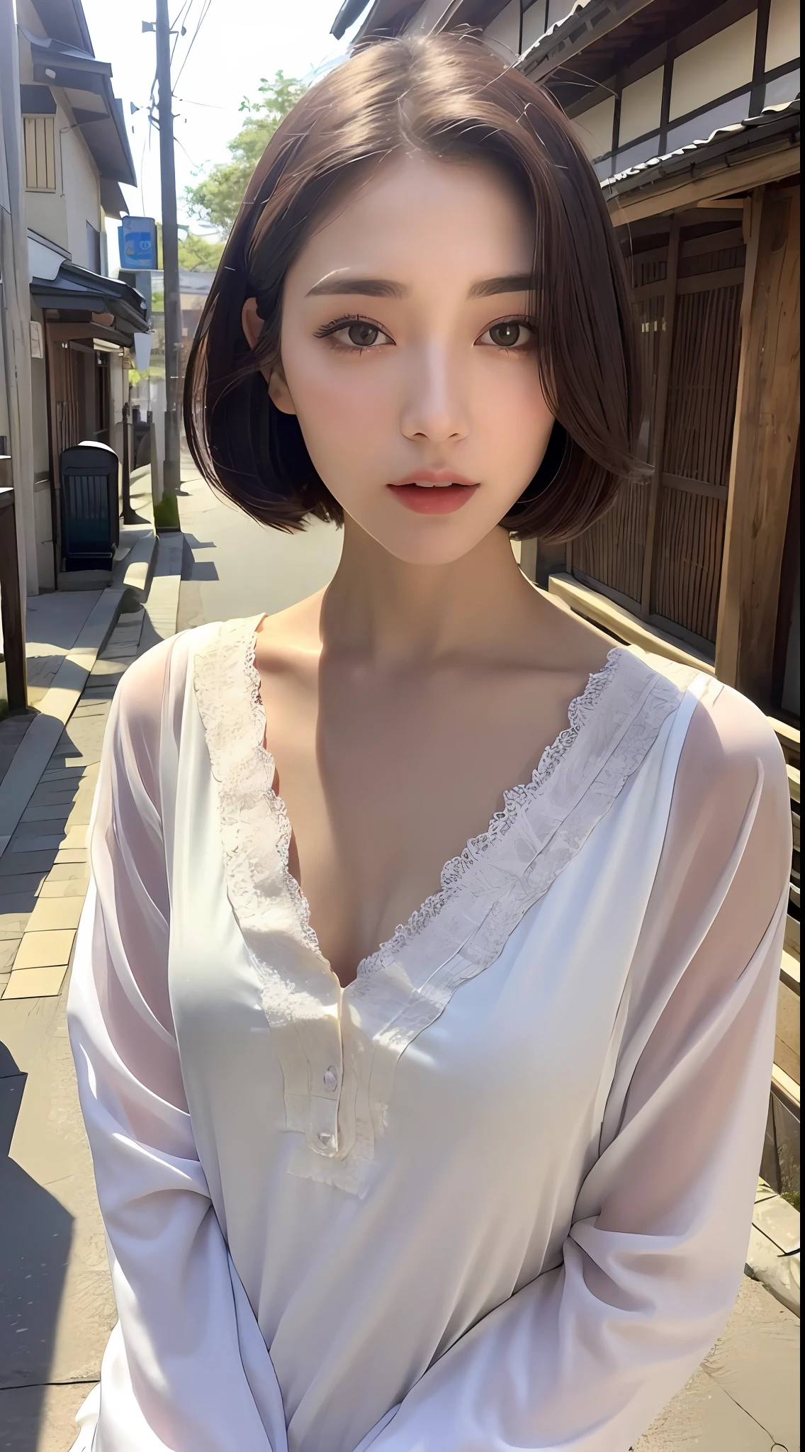 (Top Quality, 16k, Masterpiece: 1.3)), 1 Girl, Sharp Focus: 1.2, Beautiful Women with Perfect Figure: 1.4, Slender Abs: 1.2, (((Short Bob Hair)), ((Small: 1.4)), ((Beautiful Face Idol: 1.3)), (Blouse 1.5)), Very detailed face and skin texture, Detailed eyes, Double eyelids, (((Pause)), (Seductive)), walking, Kyoto Streetscape