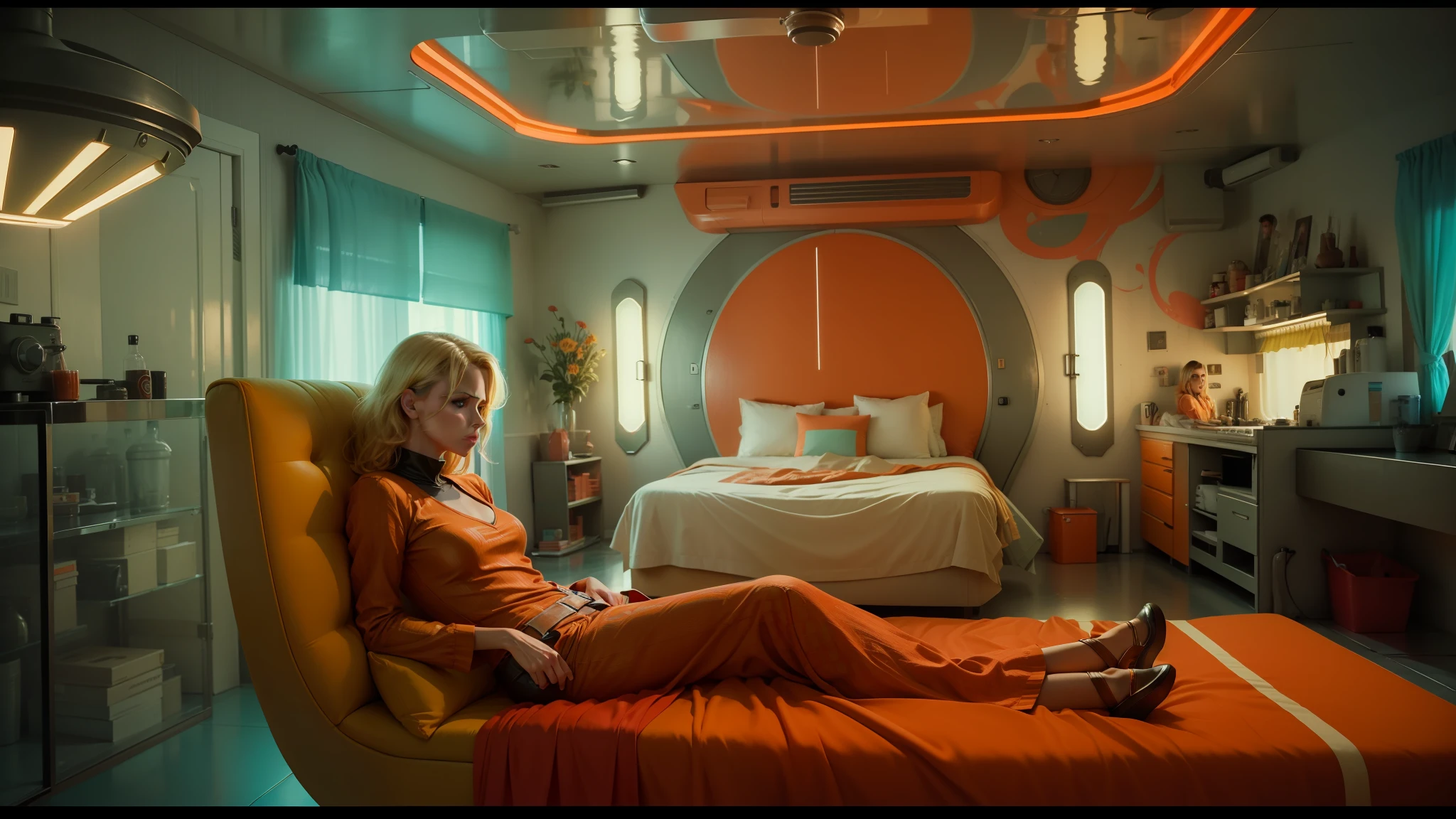 there is a woman sitting in a chair in a room, blade runner 2049 colors, charlize theron, in a bedroom, orange and turquoise, 60s kitsch and psychedelia, panoramic anamorphic, caravagio, charlize, by James Baynes, by Louisa Puller, 2 0 1 9, by Antoni Pitxot --auto --s2