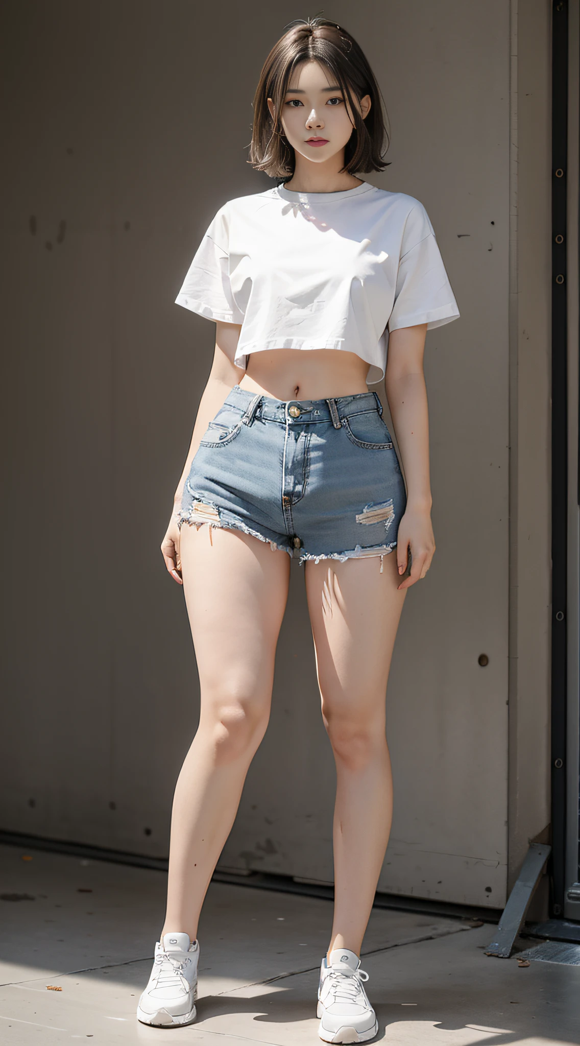 Best quality, full body portrait, delicate face, 18 years old girl, slim figure, small bust, white crop top T-shirt, open waist pink denim skirt, gym scene, standing tall, thick thighs