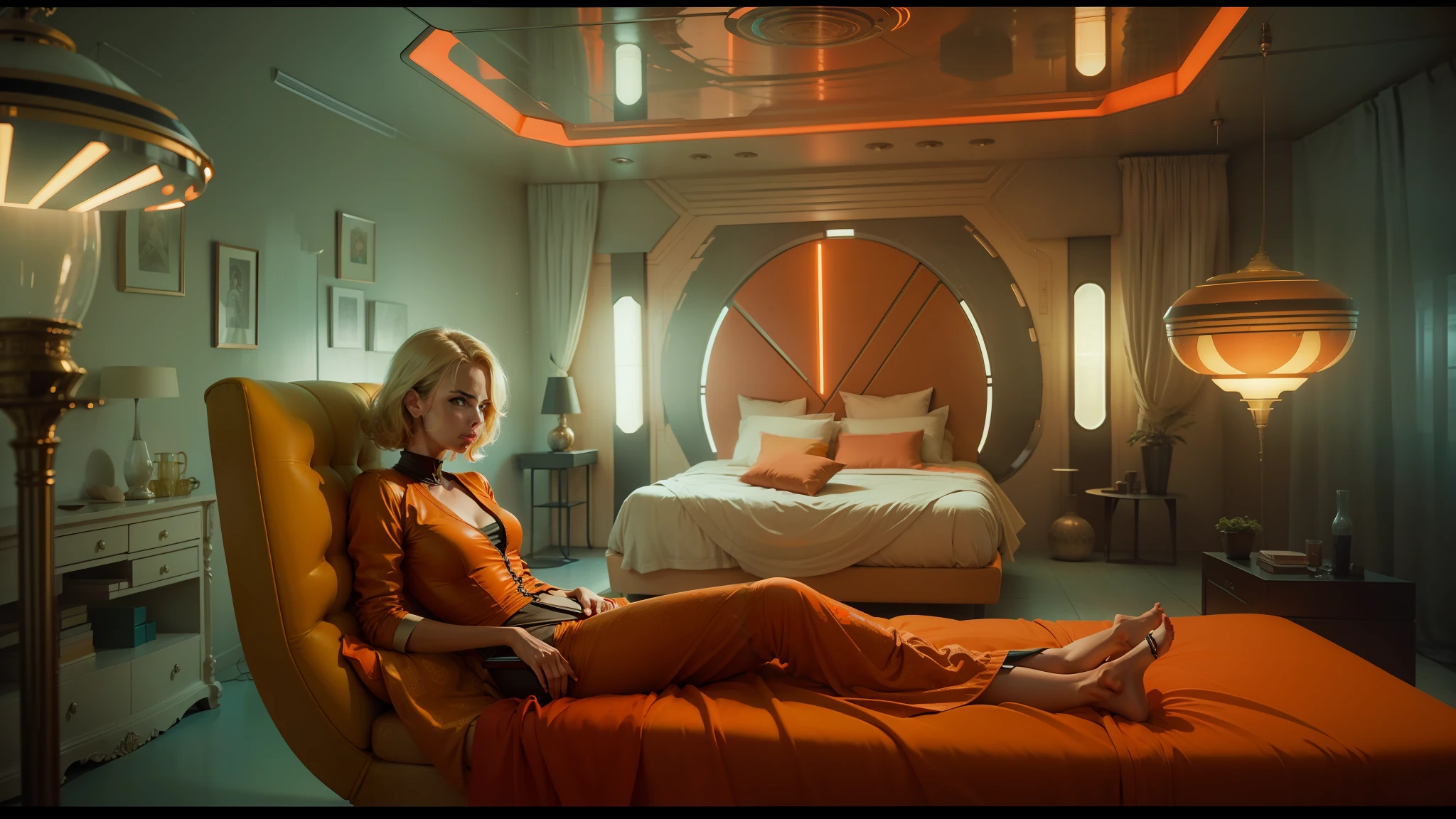 there is a woman sitting in a chair in a room, blade runner 2049 colors, charlize theron, in a bedroom, orange and turquoise, 60s kitsch and psychedelia, panoramic anamorphic, caravagio, charlize, by James Baynes, by Louisa Puller, 2 0 1 9, by Antoni Pitxot --auto --s2