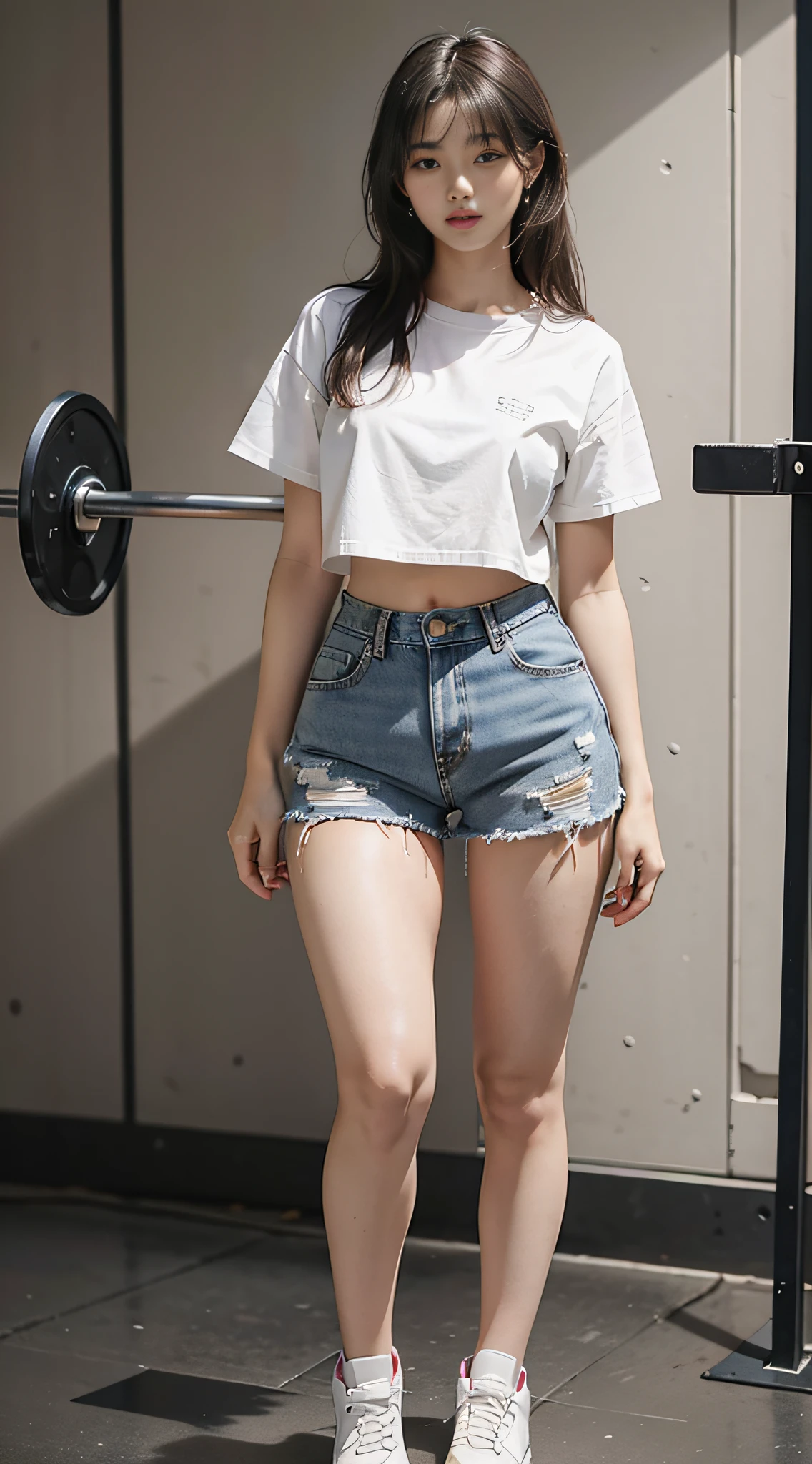 Best quality, full body portrait, delicate face, 18 years old girl, slim figure, small bust, white crop top T-shirt, open waist pink denim skirt, gym scene, standing tall, thick thighs