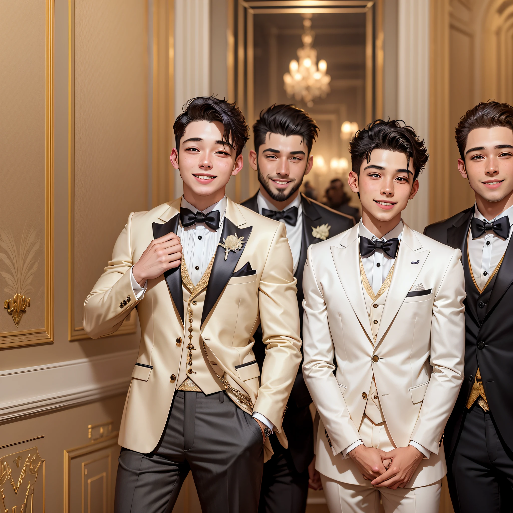 A luxurious room, several boys, wearing suits and smiling --auto --s2