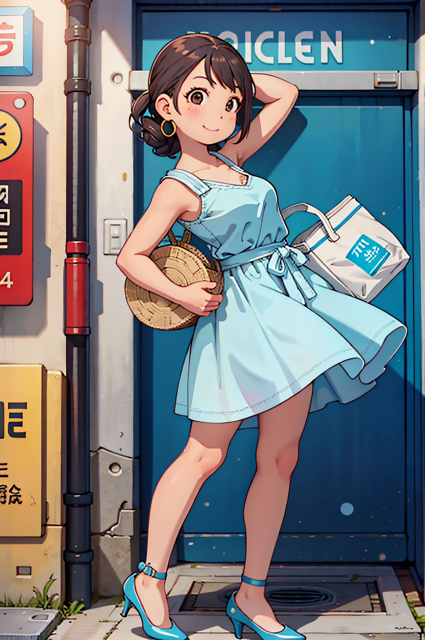 masterpiece, best quality,1girl,young girl,brown eyes,drill hair,happy smile,shiny skin,(nice leg line:1.3),thin waist,huge breasts,
BREAK
, Light_blue_midi_dress, nude_pumps, gold_hoop_earrings, straw_tote_bag,
BREAK
around crowd:1.1,depth of field,looking at viewer,from side,full body