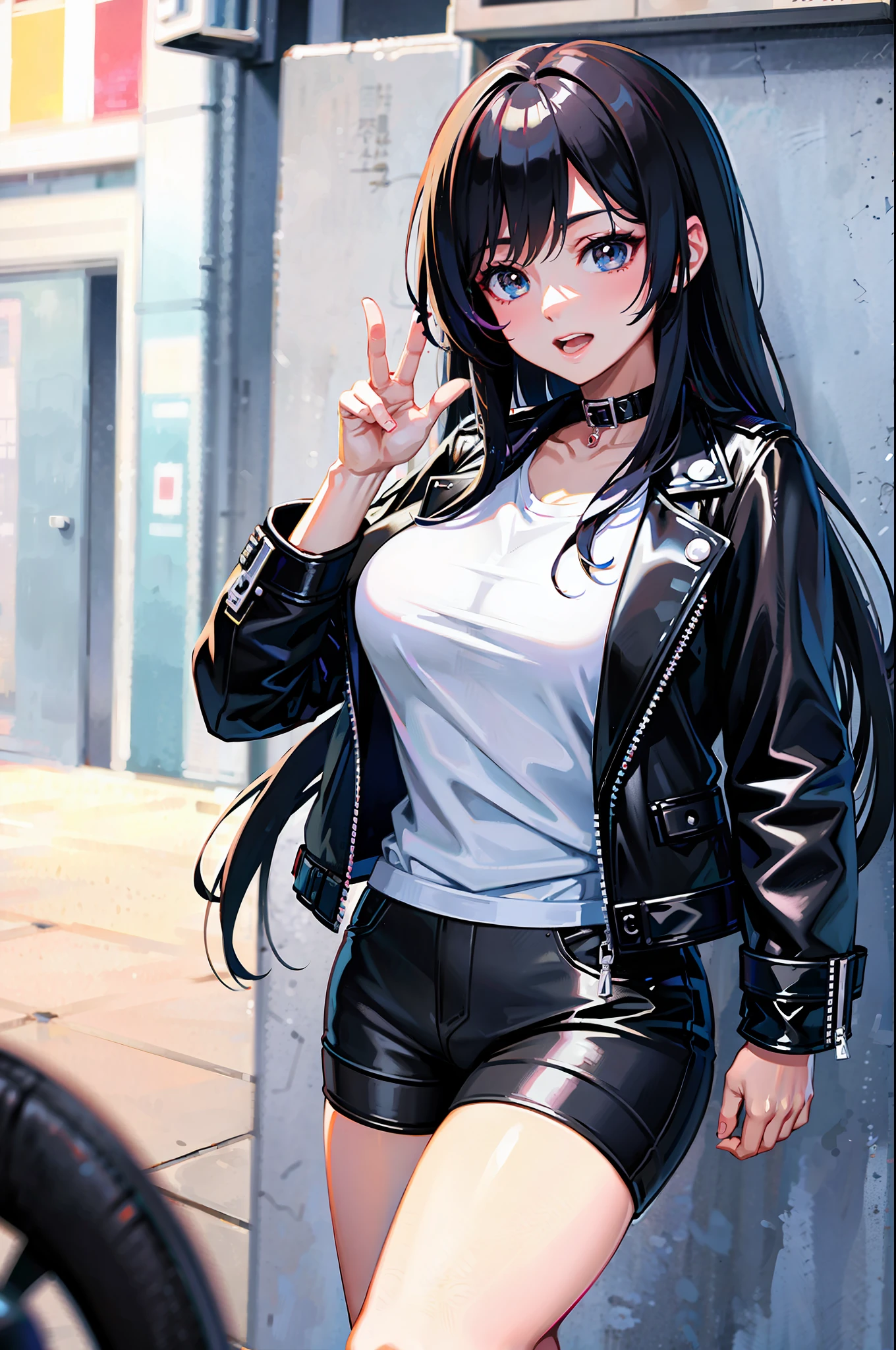 anime girl in black leather jacket and white shirt posing for picture, anime moe artstyle, smooth anime cg art, realistic anime artstyle, realistic anime 3 d style, high detailed official artwork, attractive anime girl, realistic young anime girl, anime style. 8k, anime visual of a cute girl, marin kitagawa fanart, realistic anime art style, noire