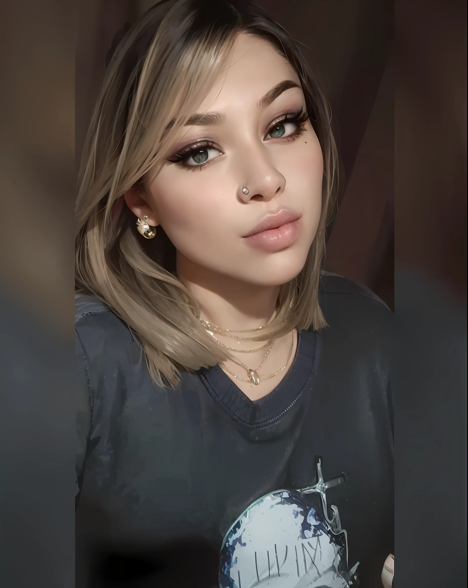 A closeup of a woman in sports uniform, a blue T-shirt with pink and yellow detail, sexy face with full makeup, thick lips, sexy face, brunette with dyed blonde hair, beautiful Latin face, small pointed nose lips, alanis guillen, violet myers, detailed flawless face,