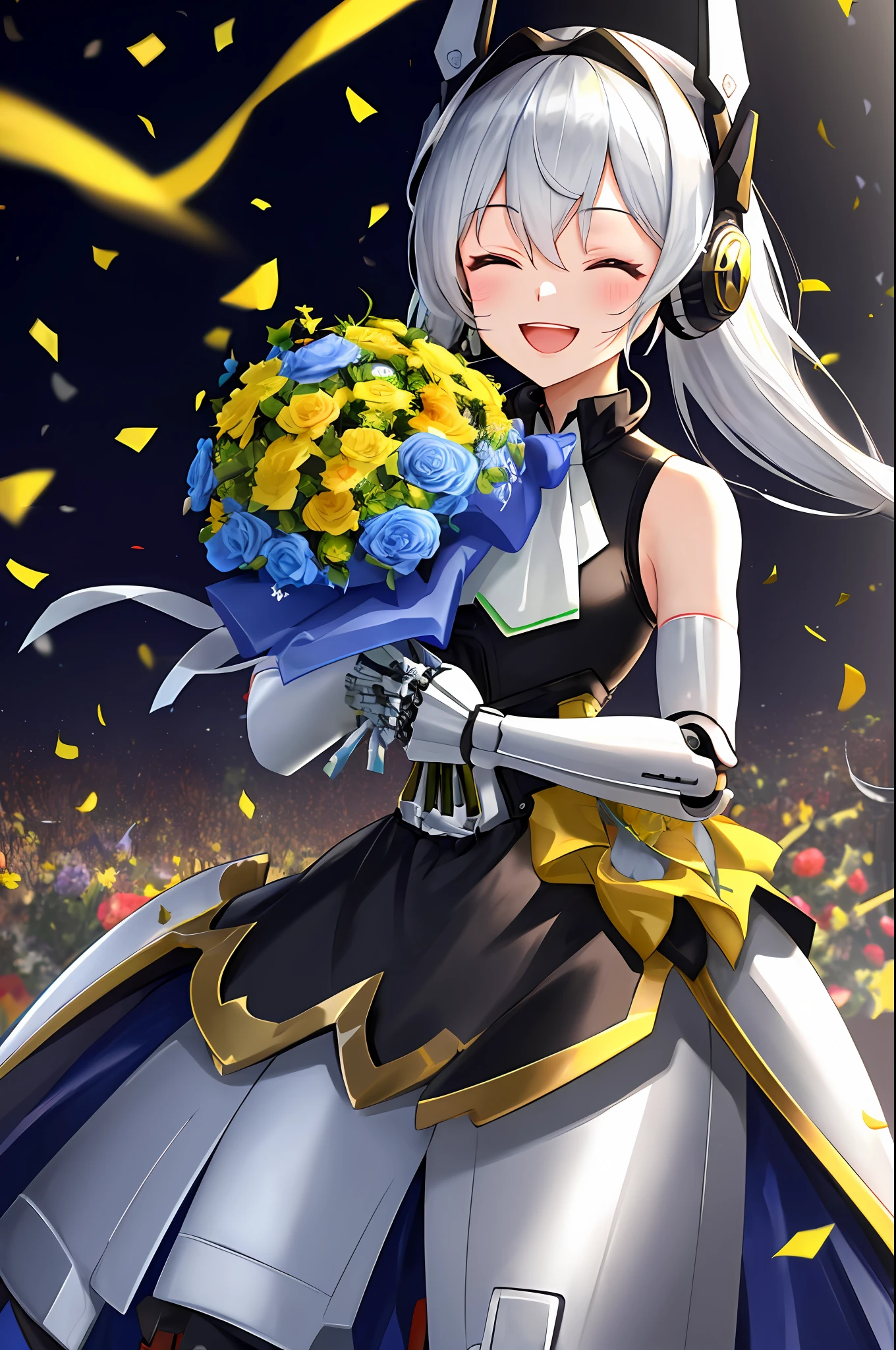 absurdres, very precise detailed, extremely detailed 8K wallpaper,happy, smile, Close eyes, open mouth, (mechanical girl),(mechanical joints),(mechanical limbs),(headgear),(headset), BREAK,(holding a bouquet:1.5), celebration, confetti, sleeveless,