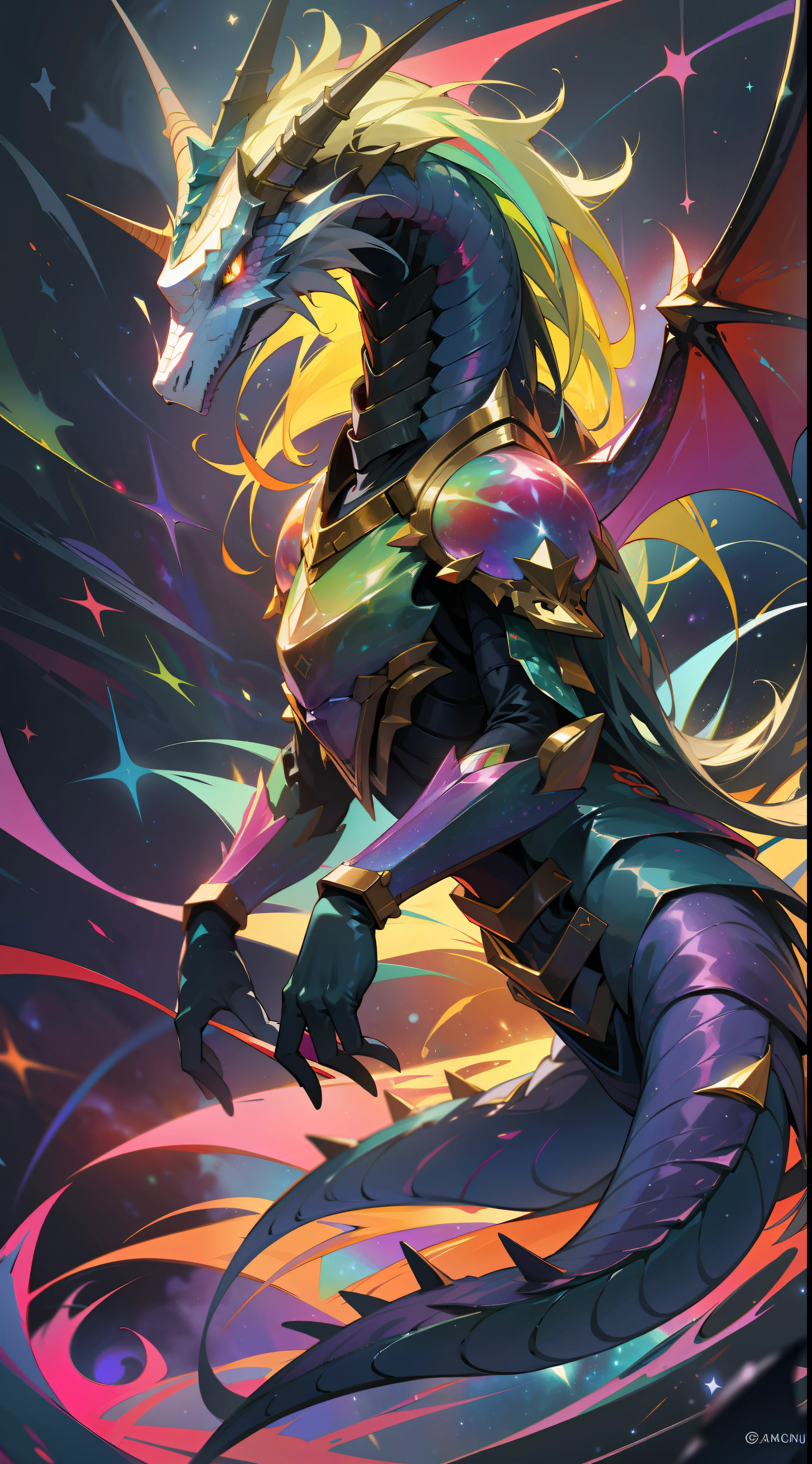 a rainbow colored dragon with rainbow teal armor, rainbow colored cosmic nebula background, stars, galaxies