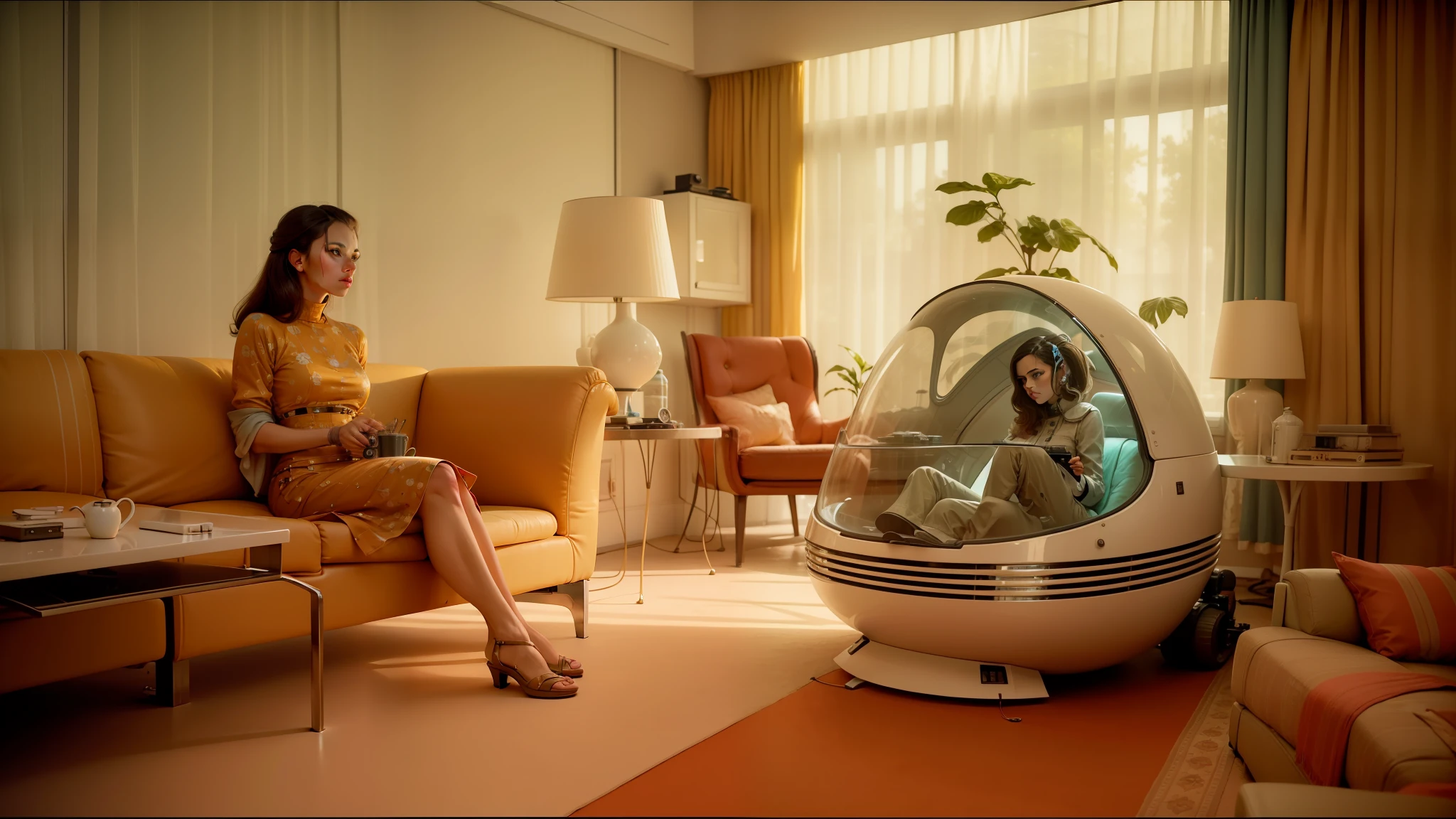 arafed woman sitting on a couch in a living room with a futuristic pod, moody : : wes anderson, man in futurist 6 0 ´ s lab, with anamorphic lenses, futuristic kitbash, gordon murray, yellow carpeted, life is not what it used to be, vacuum, komatsuzaki retro-futurism --auto --s2
