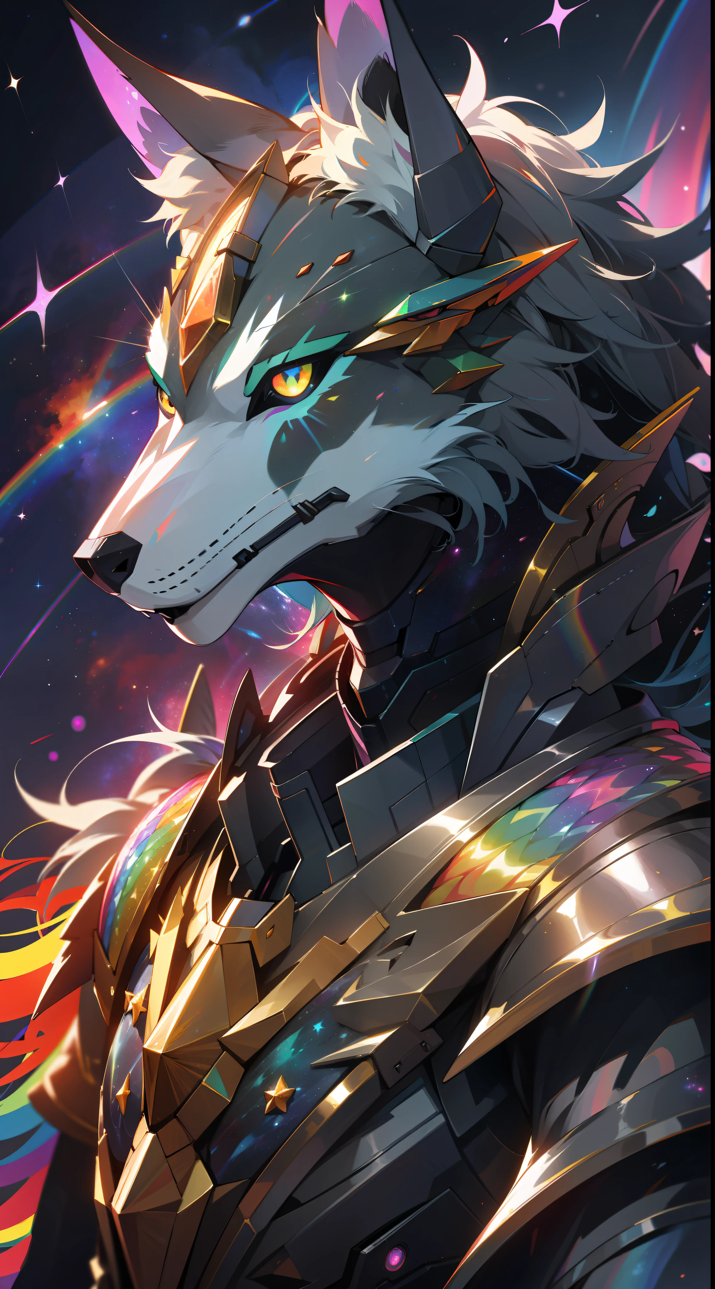 a lrainbow colored wolf with rainbow teal armor, rainbow colored cosmic nebula background, stars, galaxies