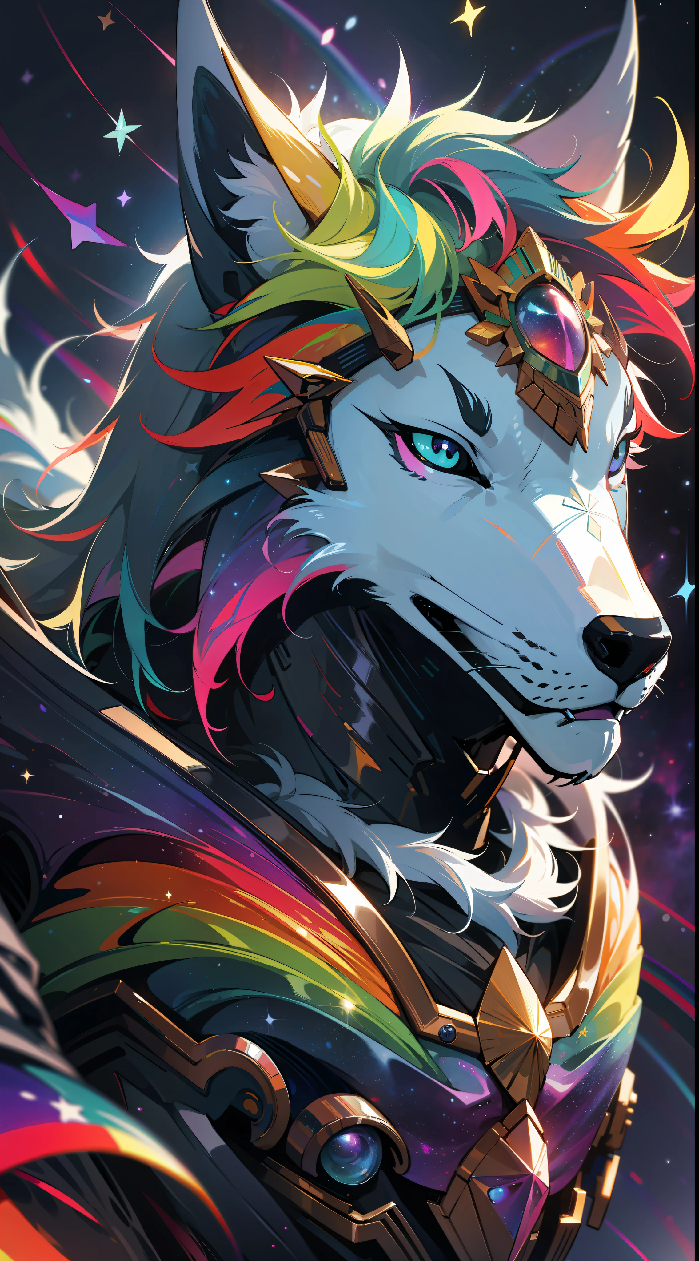 a lrainbow colored wolf with rainbow teal armor, rainbow colored cosmic nebula background, stars, galaxies